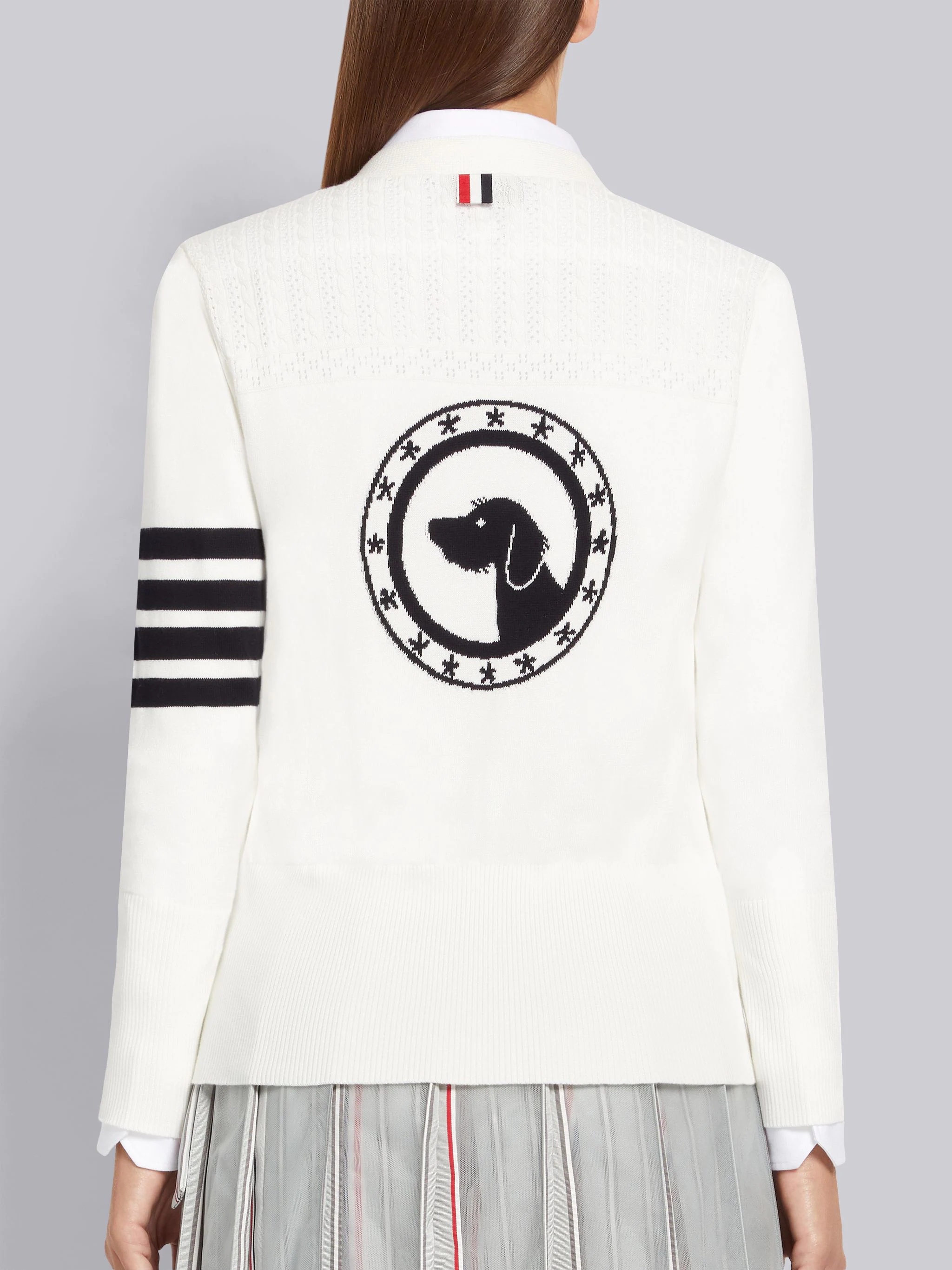 Thom Browne White Cotton Hector Medallion 4-Bar V-Neck