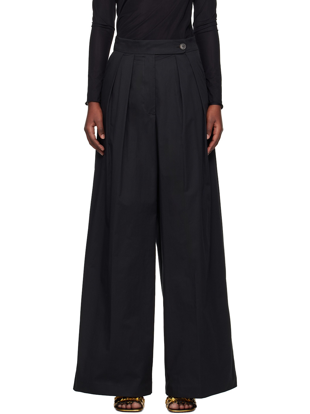 Black Wide Pleated Trousers - 1