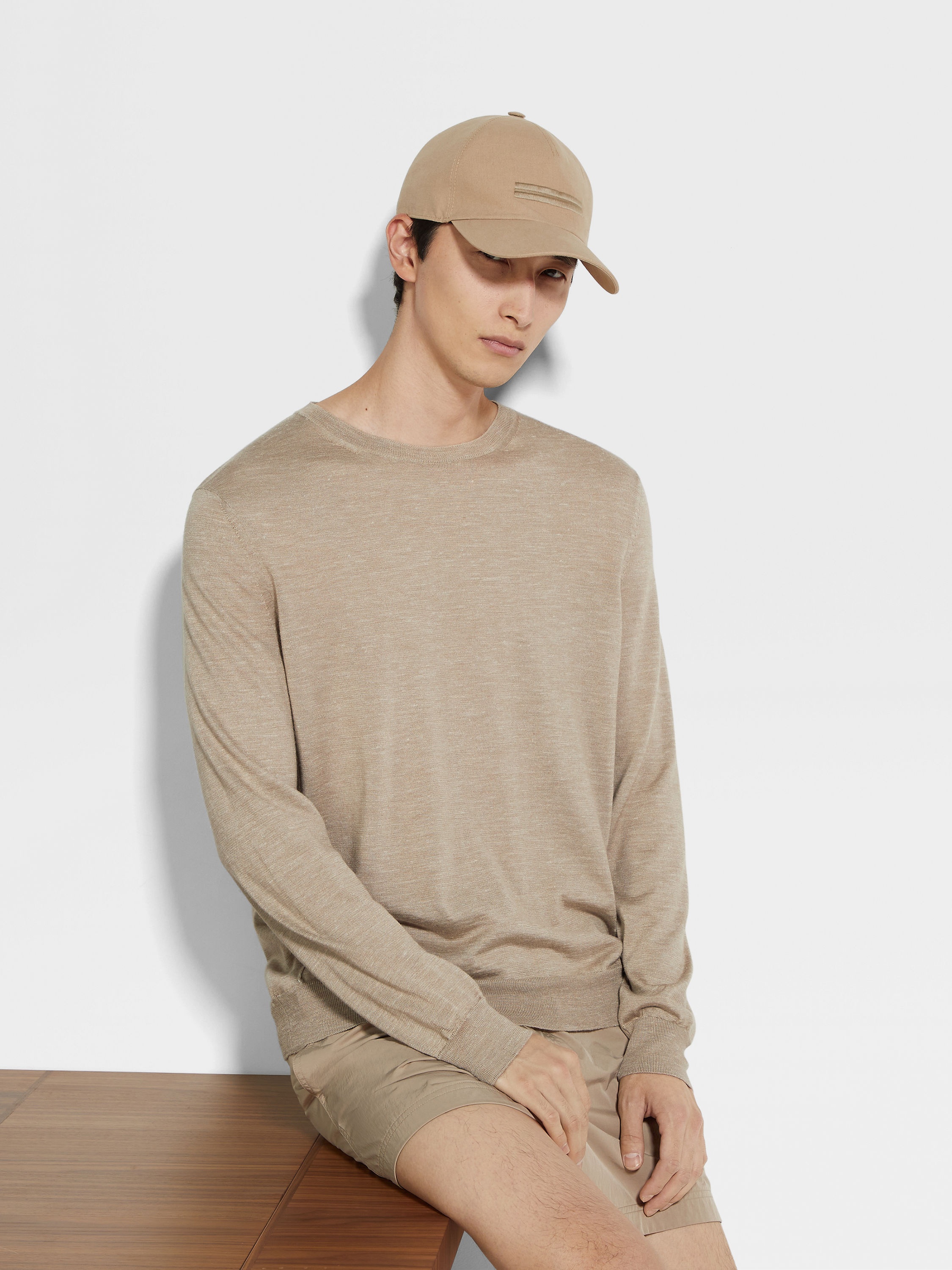 LIGHT TAUPE MÉLANGE SILK CASHMERE AND LINEN CREWNECK - 3