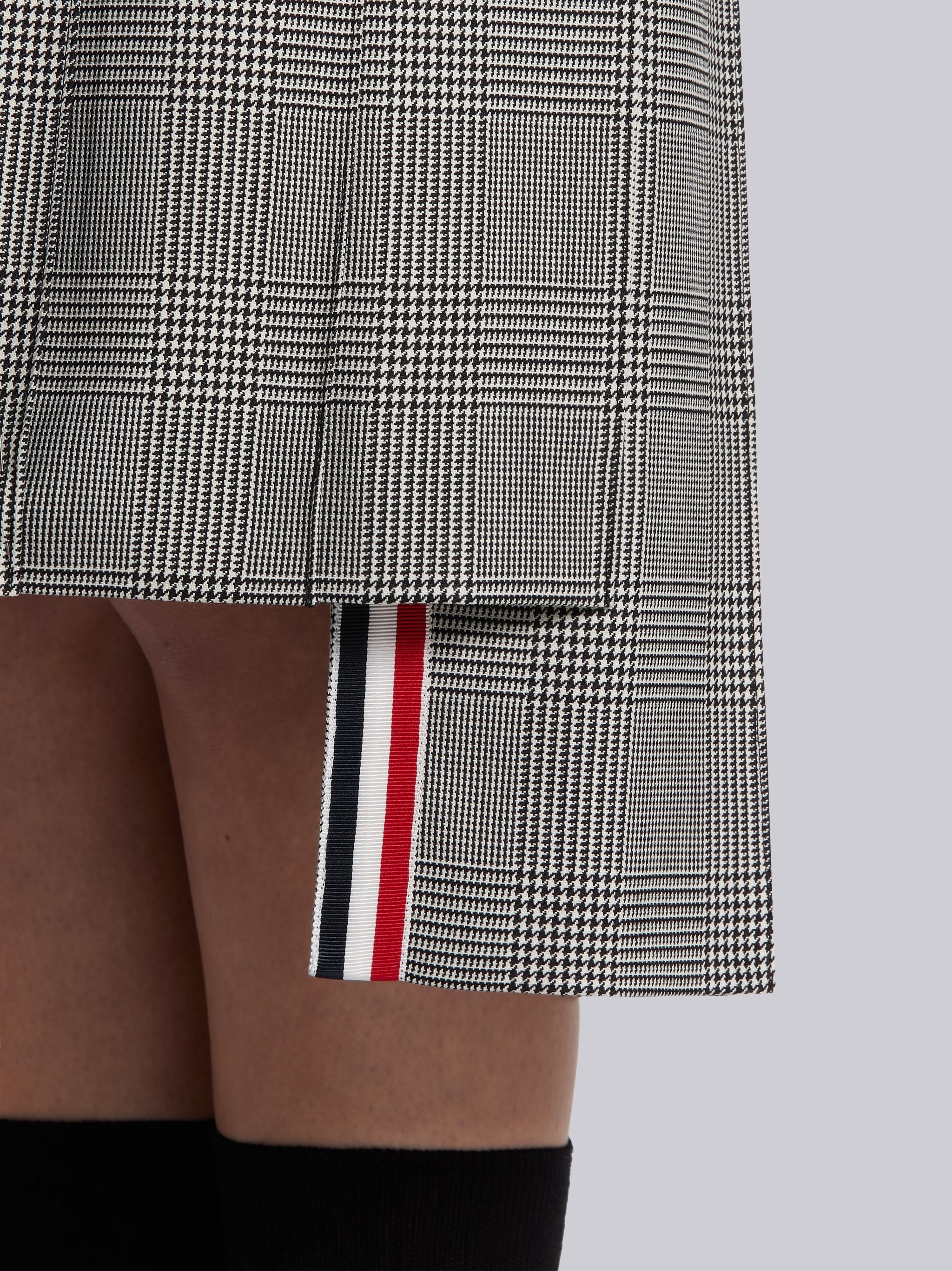 Black and White Heavy Wool Engineered 4-bar Dropped Back Pleated Below-the-knee Skirt - 5
