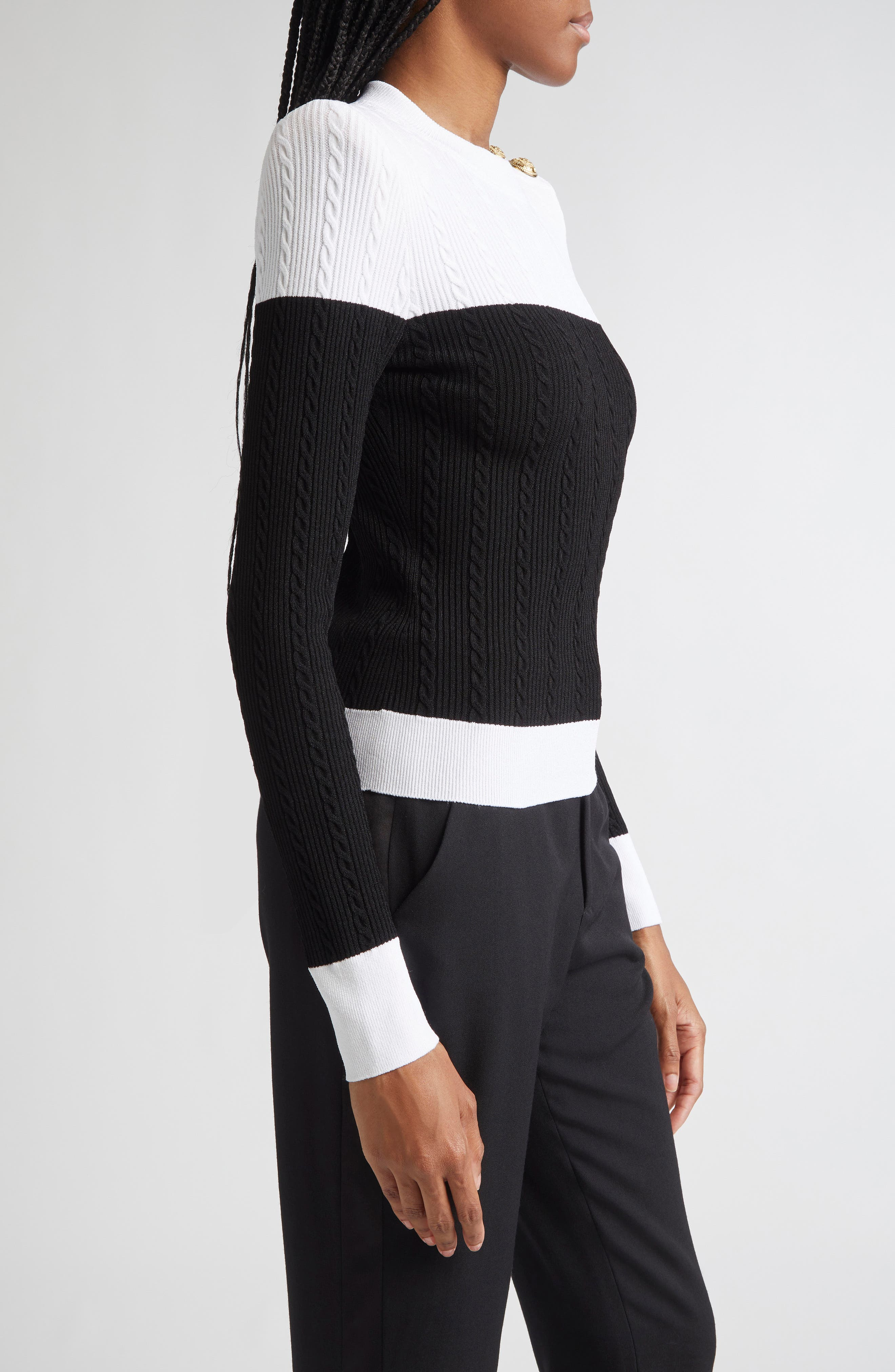 Balmain Twisted Cable Knit Sweater in Black/White at Nordstrom - 4