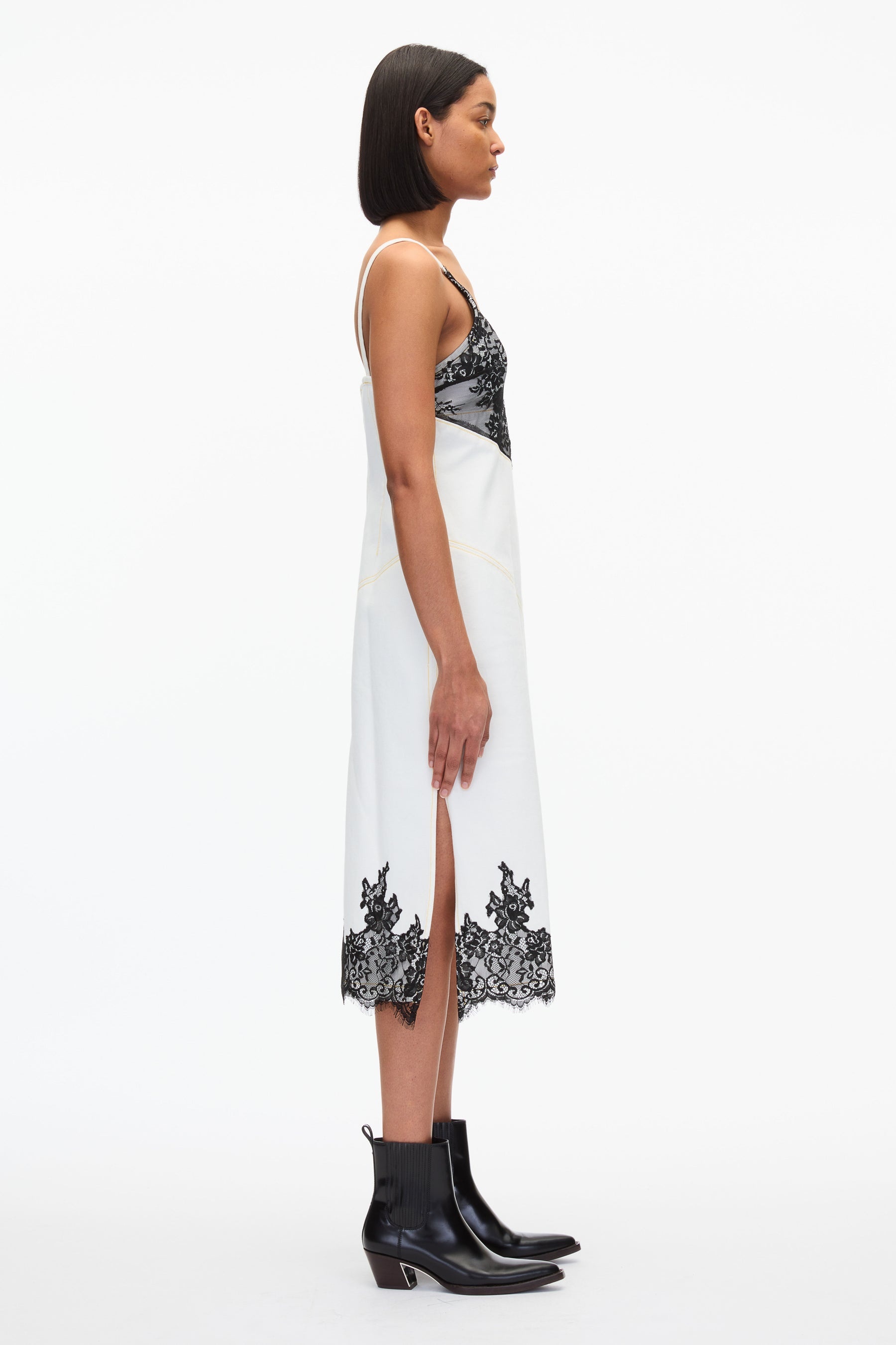 Denim Slip Dress With Lace - 3