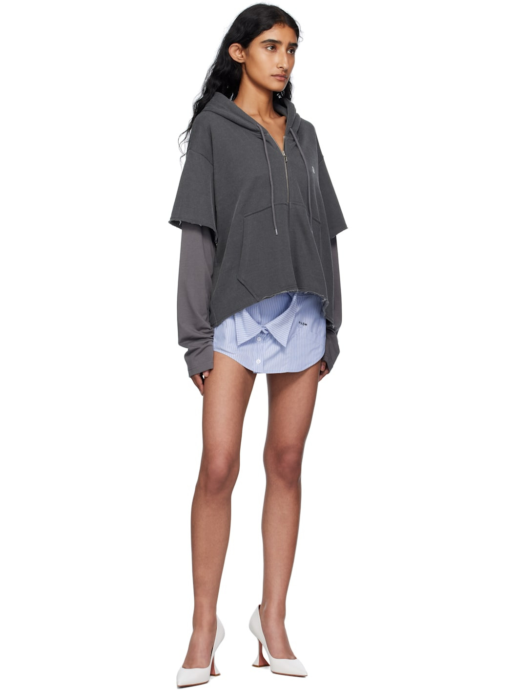 Gray Raw Edge Zip-Up Hoodie - 4