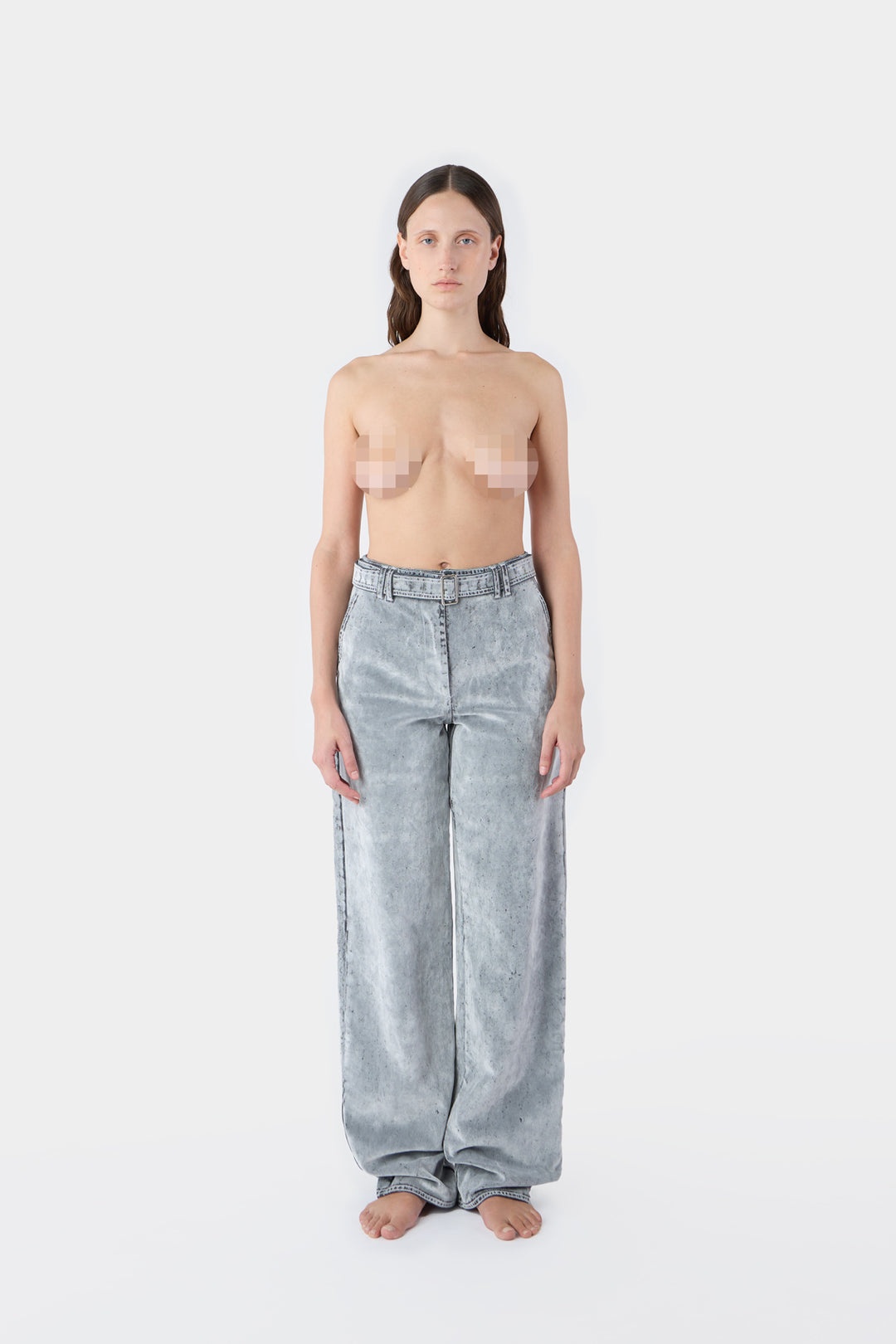 BELTED OVERSIZE PANTS / flocked denim / light grey - 2