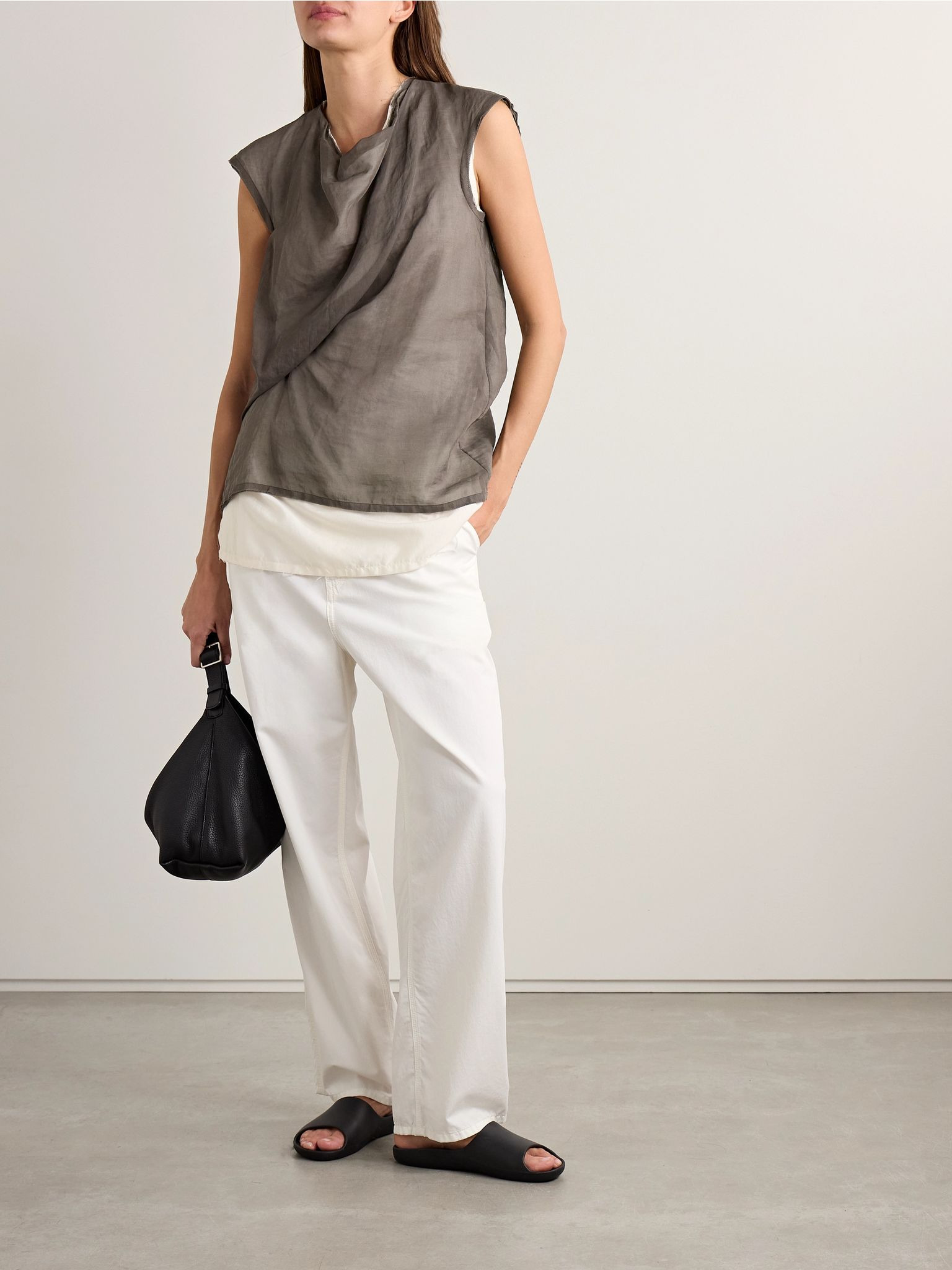 Inawa frayed layered draped cotton-voile tank Brass - 2
