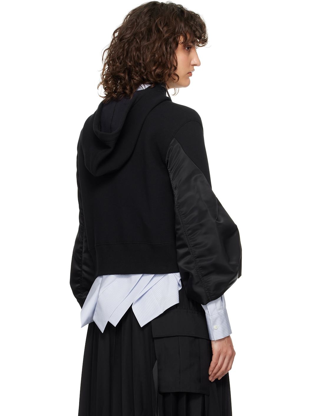 Black Sponge Sweat & Nylon Twill Hoodie - 3