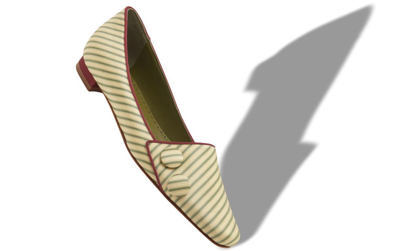 Manolo Blahnik Green and Beige Silk Striped Flat Pumps outlook
