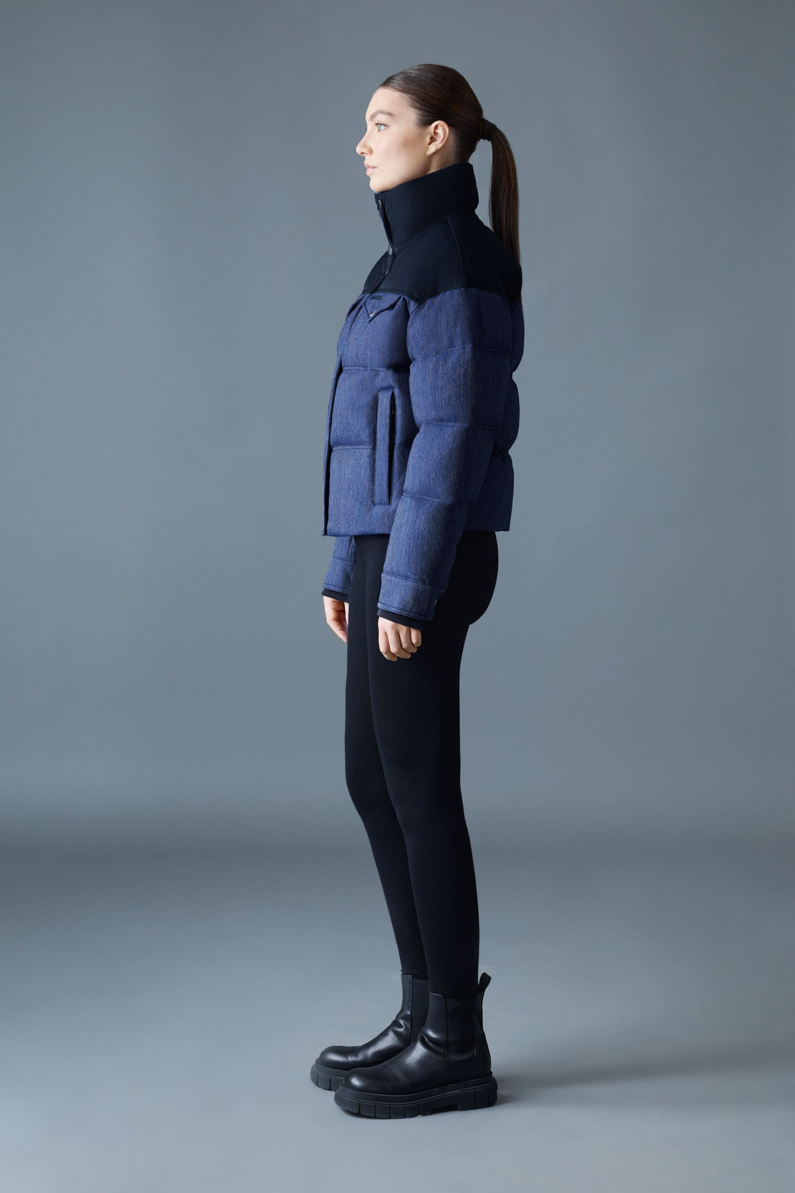 BRIGIT-DNM Quilted Denim Down Jacket with Contrast Satin Yoke - 3