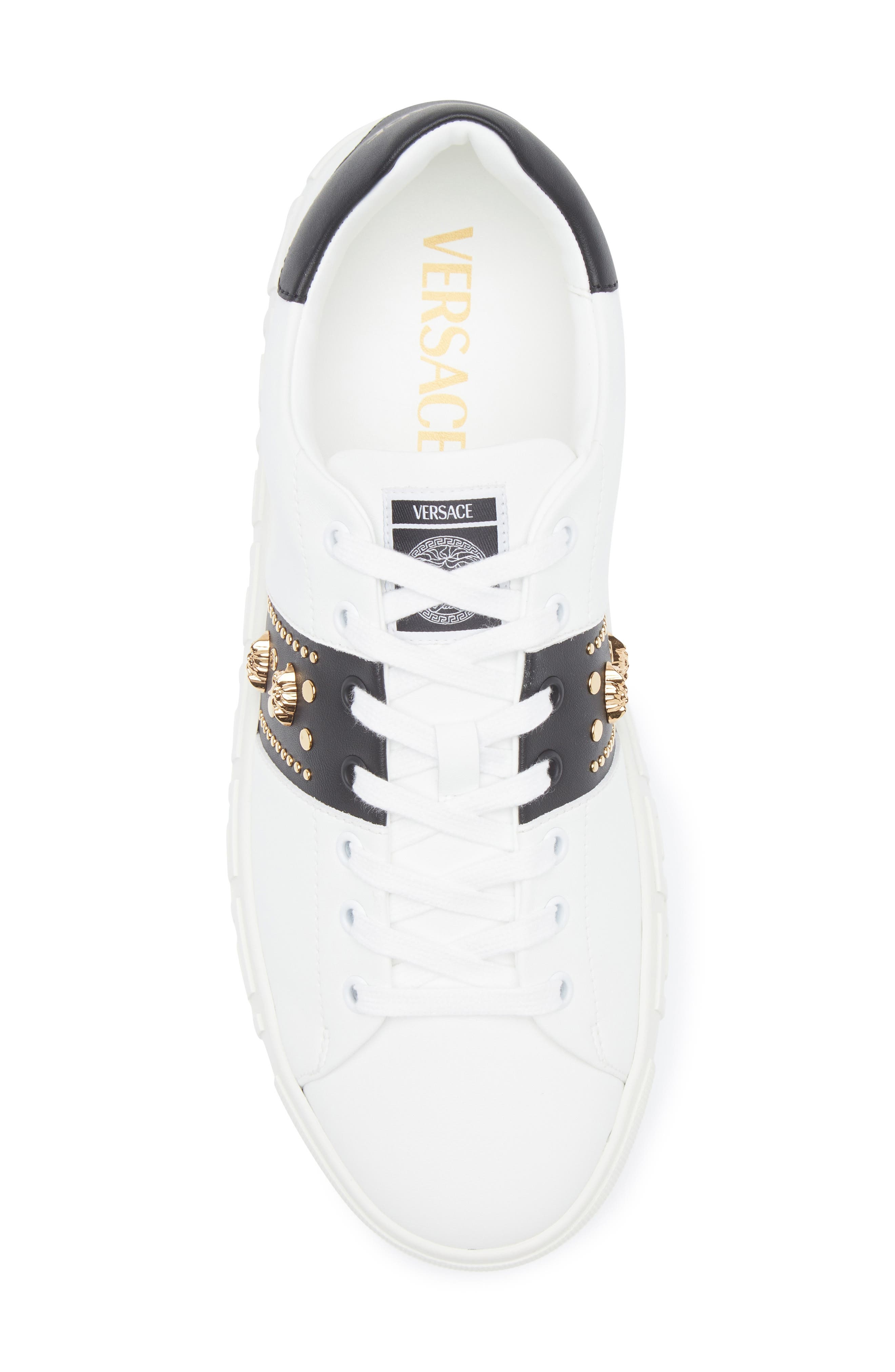 Versace Studded Greca Sneaker in White Black-Versace Gold at Nordstrom - 4