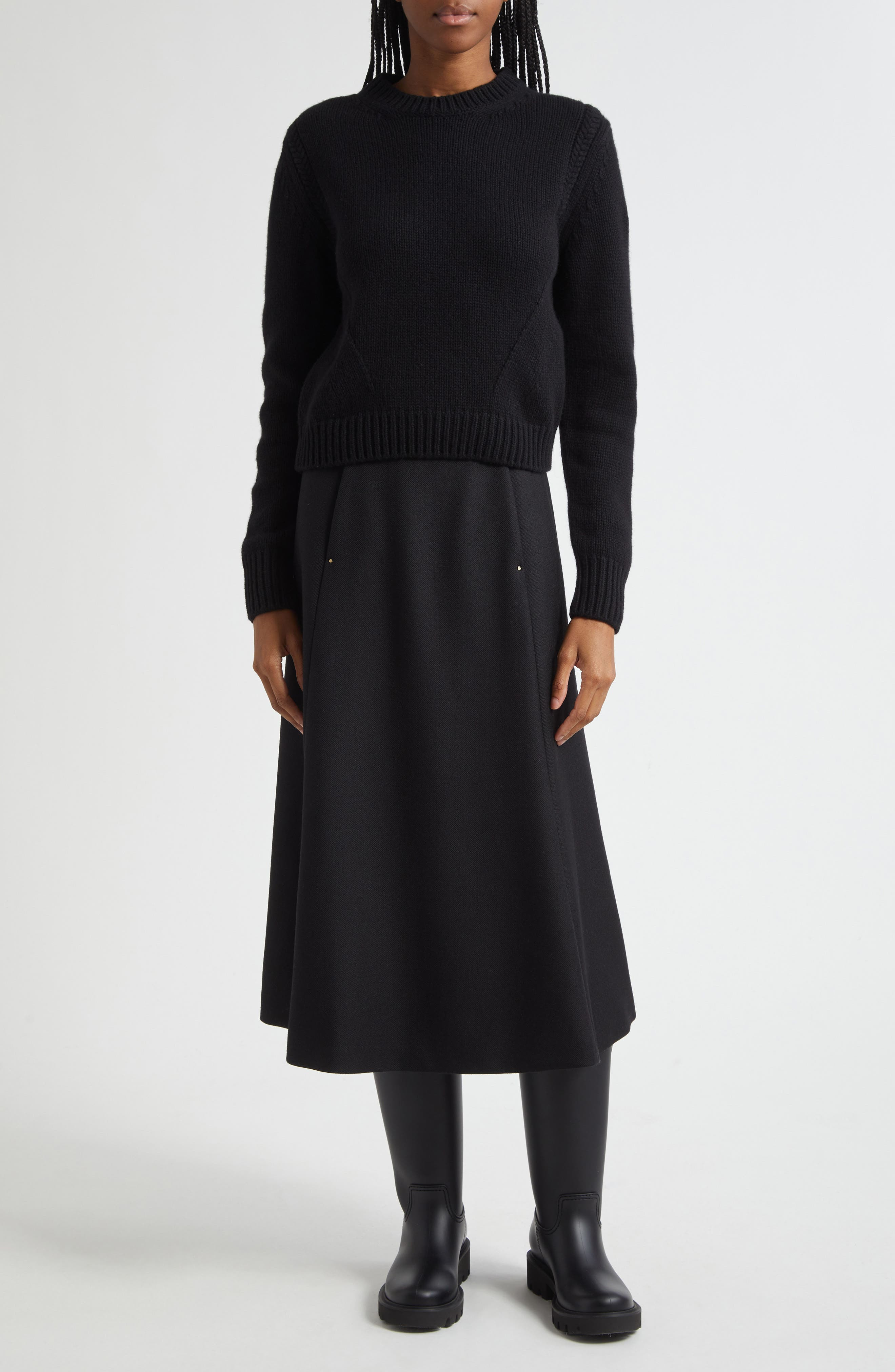 Moncler Virgin Wool A-Line Midi Skirt in Black at Nordstrom - 2