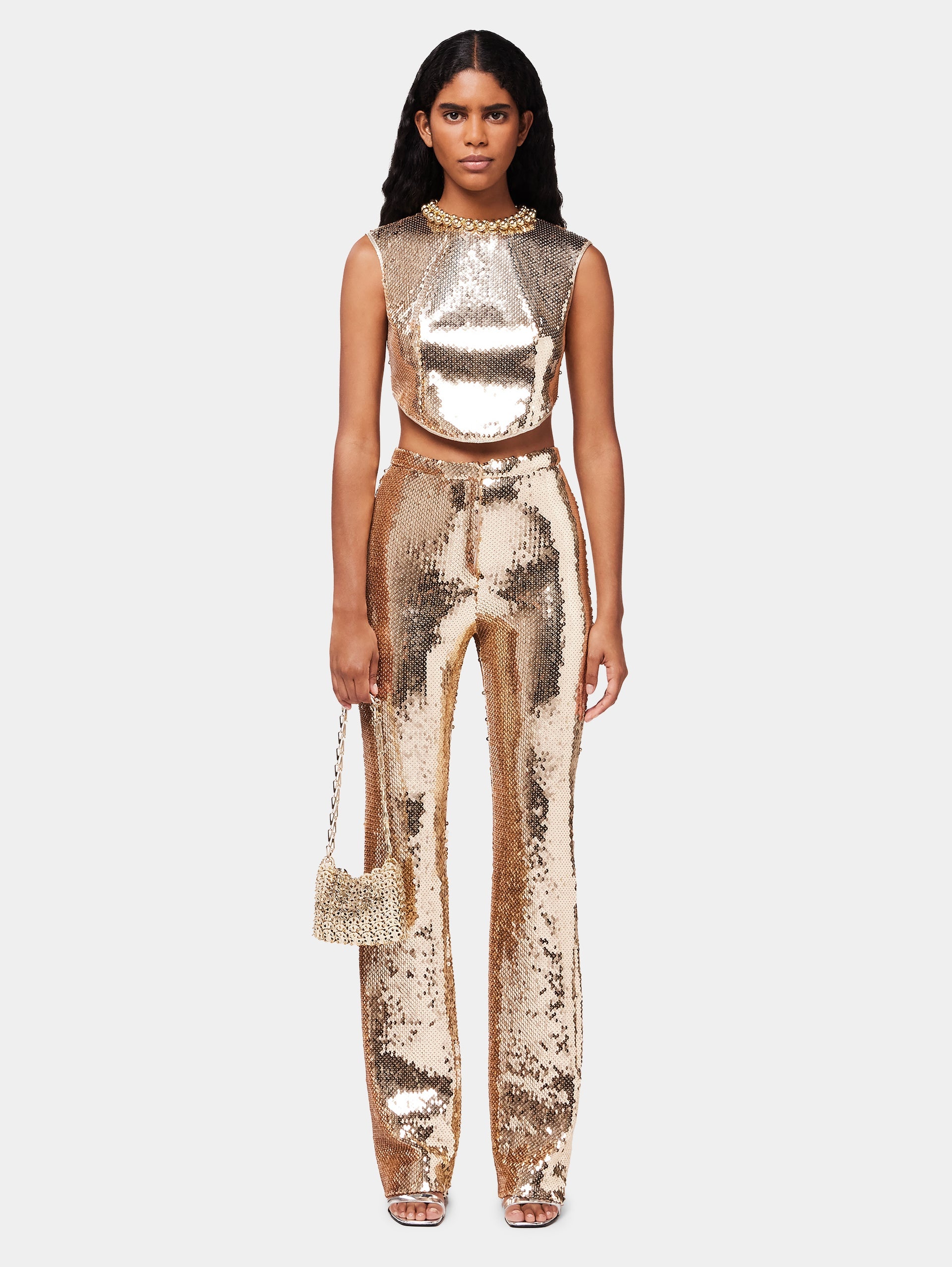 GOLD SEQUINS TROUSERS WITH METALLIC PEARLED DETAIL - 2