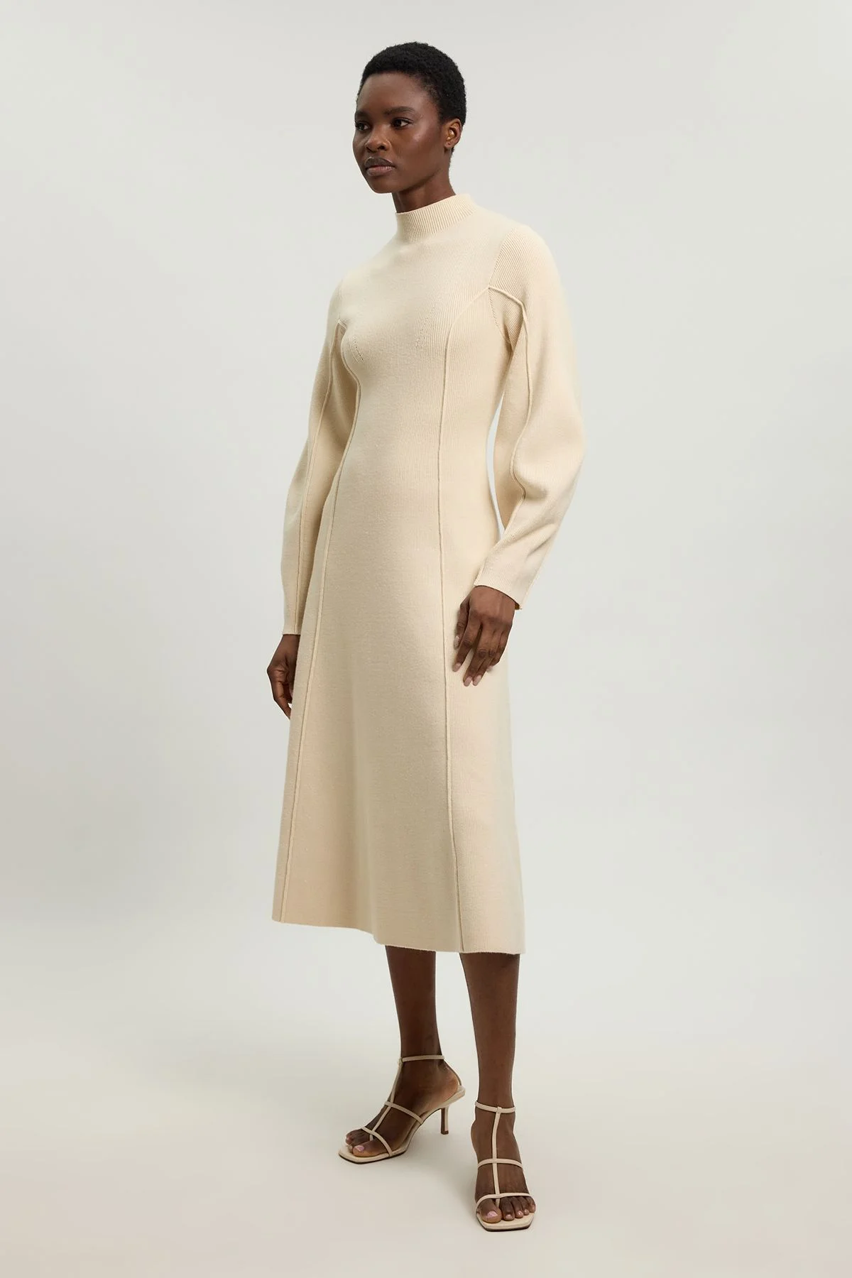 Wool Look Rounded Sleeve High Neck Knit Midi Dress - 1