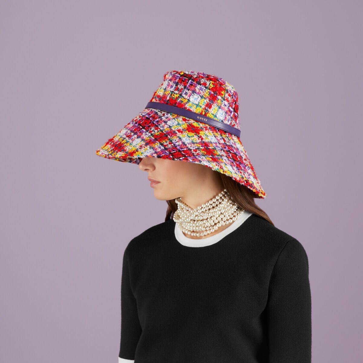 Check tweed wide-brimmed hat - 3