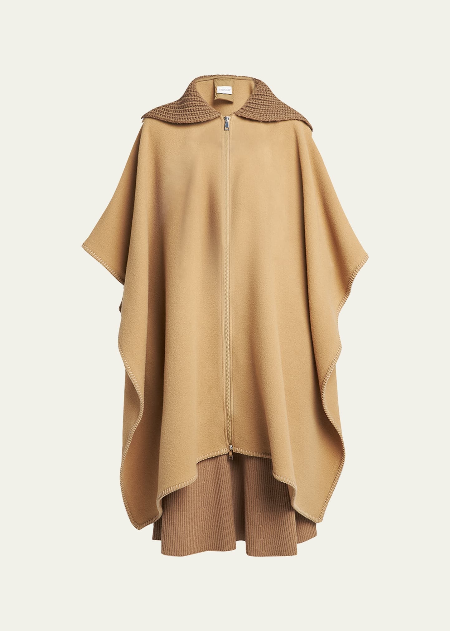 Wool Long Cape with Knit Collar - 1