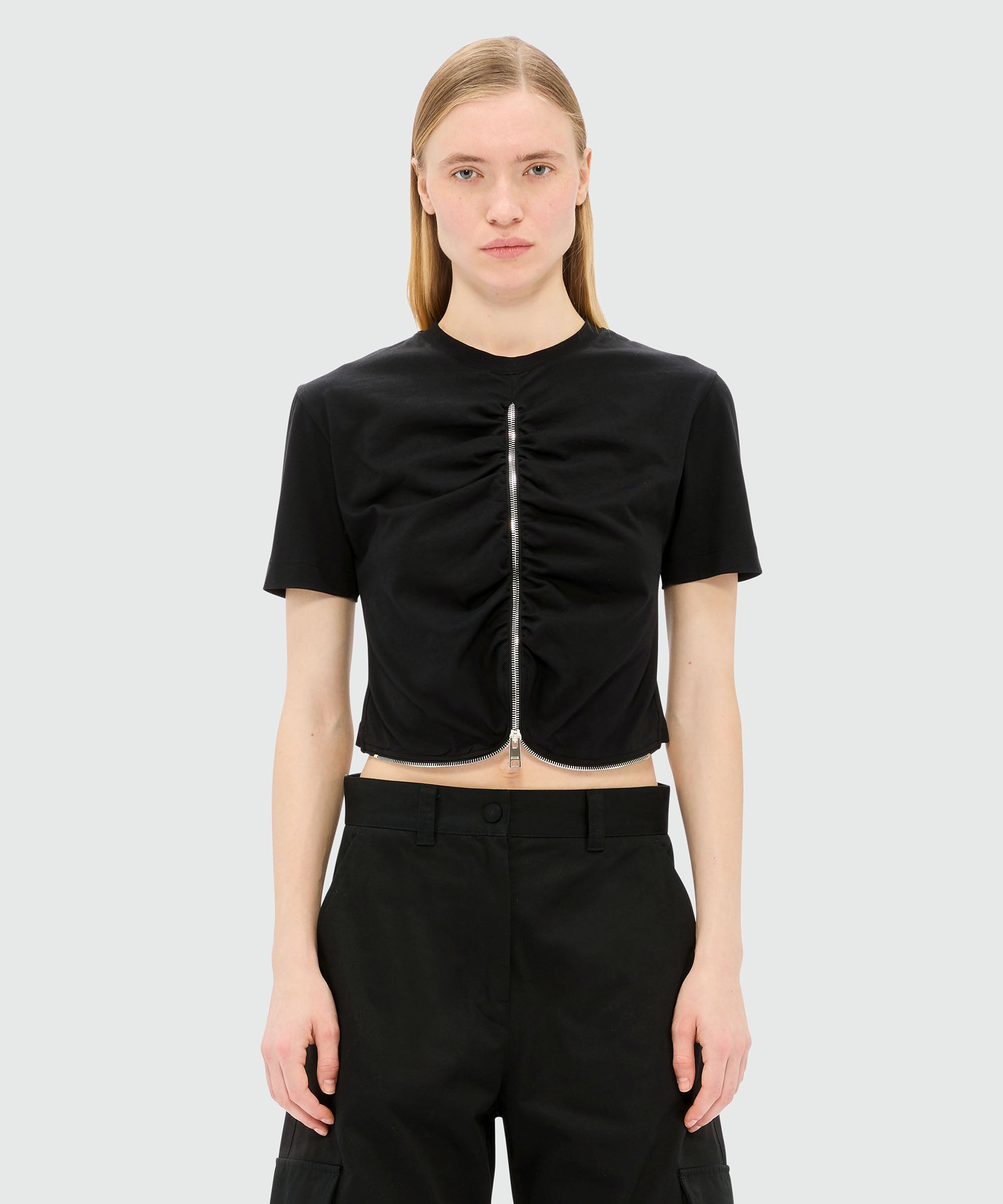 Black cropped jersey T-shirt with zip - 2