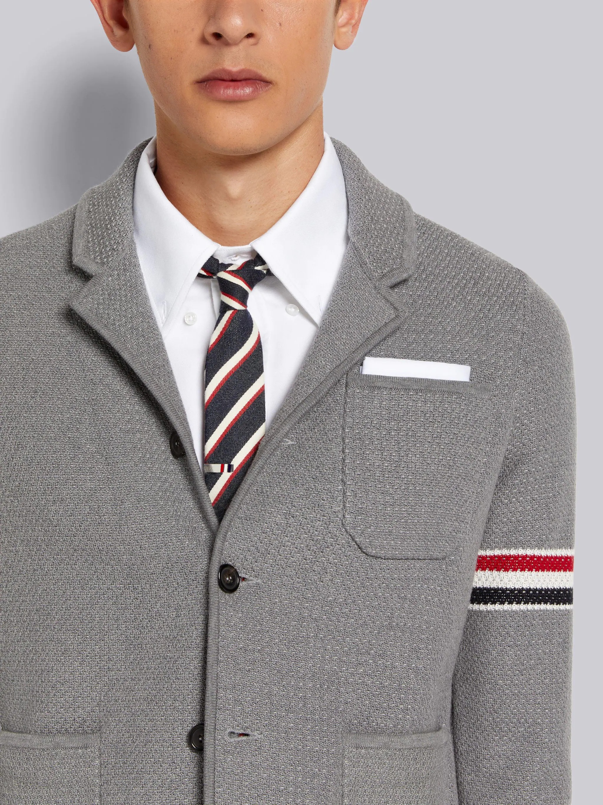 Light Grey Textured Jacquard Stripe Armband Jacket - 5