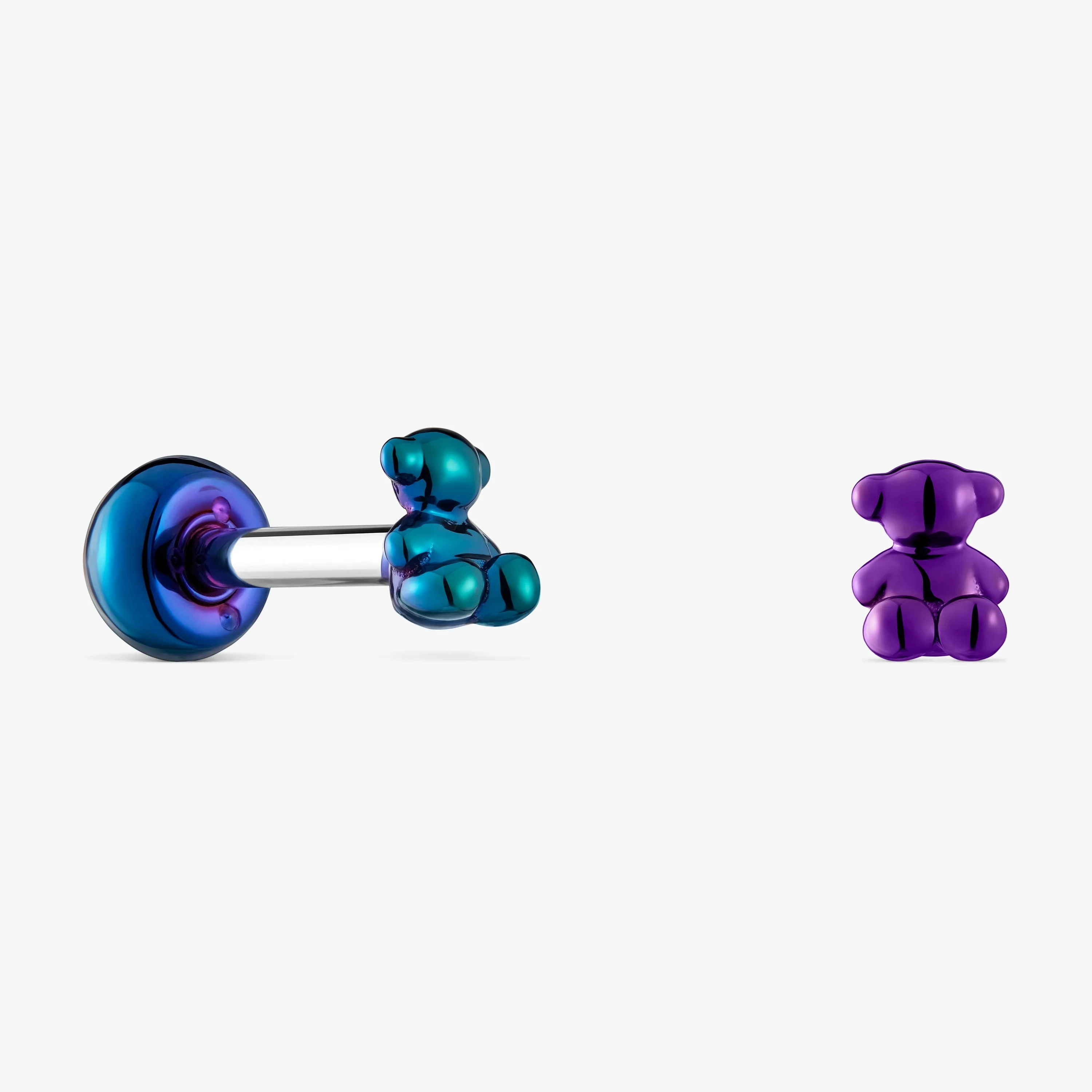 Pack of Bold Bear Ear piercings in lilac- and green-colored IP steel - 1