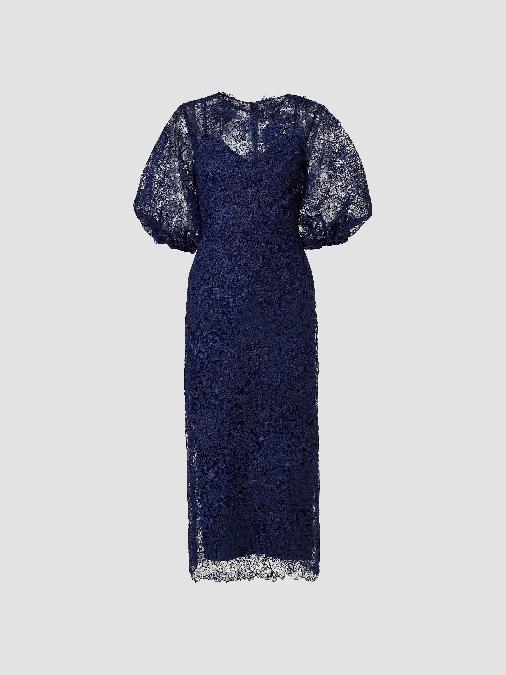Women's Lace Balloon-Sleeve Belted Midi Pencil Dress - Midnight - 1