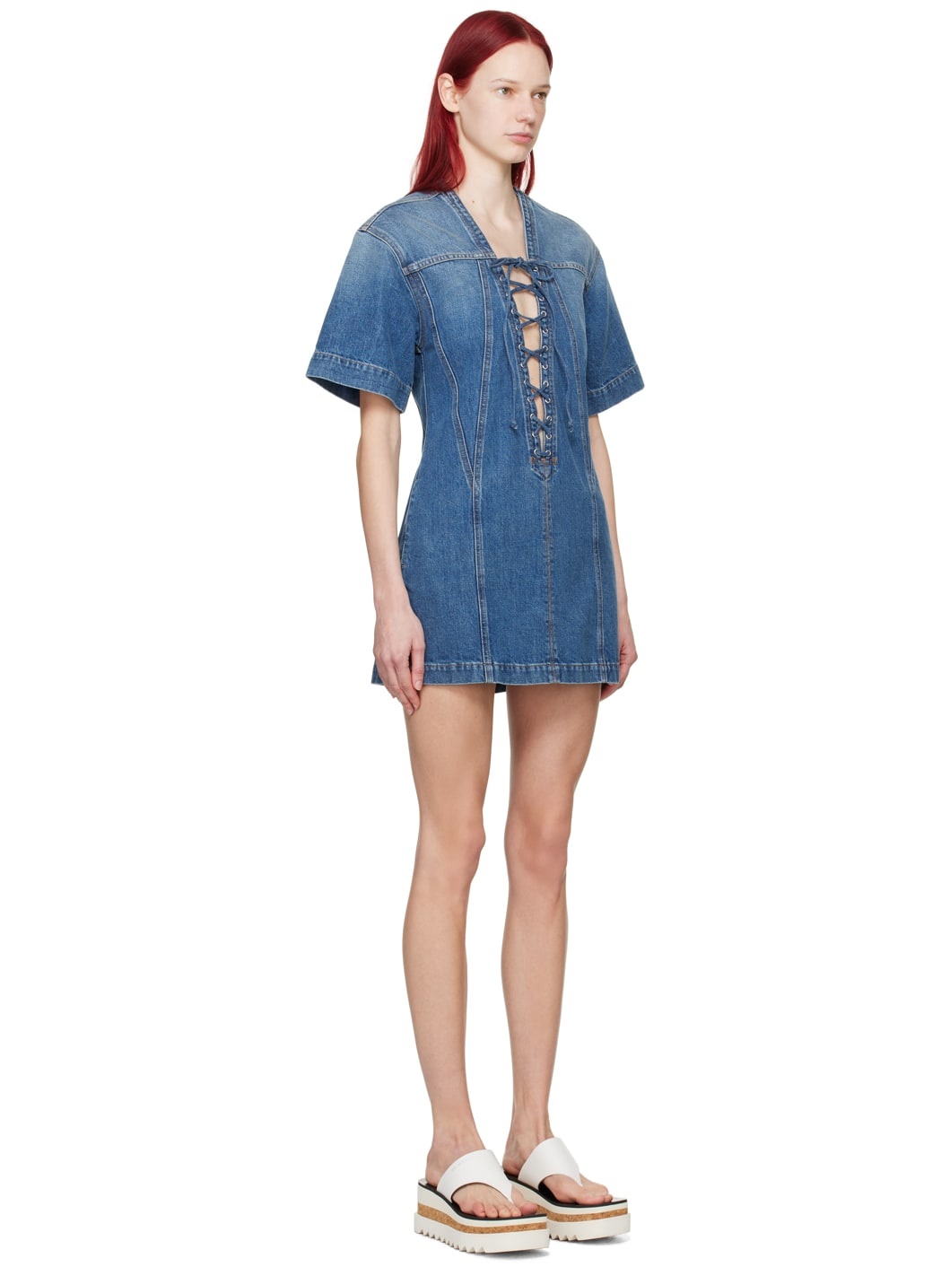 Blue Lace-Up Denim Minidress - 2