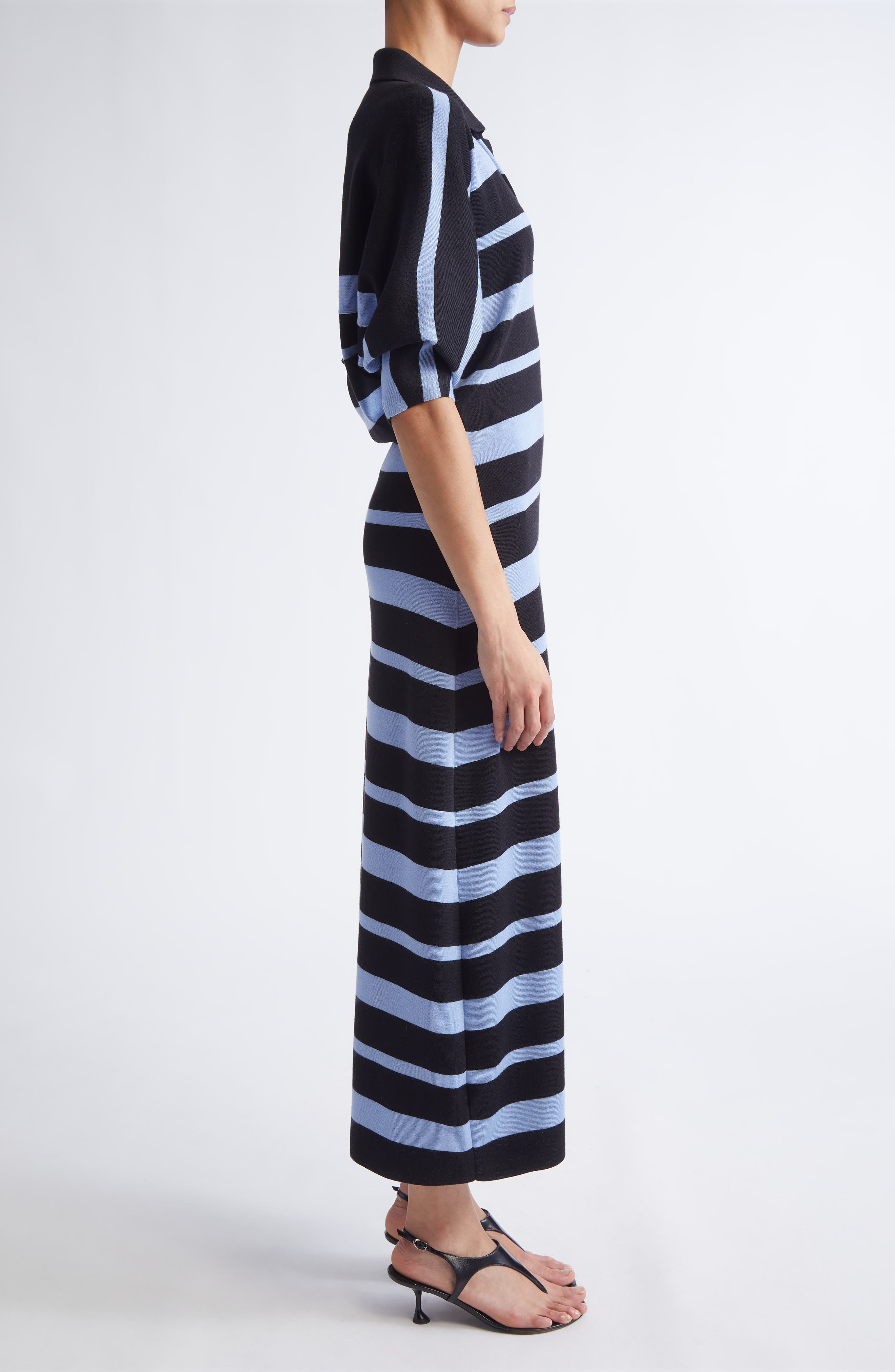 Proenza Schouler Solana Stripe Merino Wool & Silk Midi Polo Dress in Black Multi at Nordstrom - 3