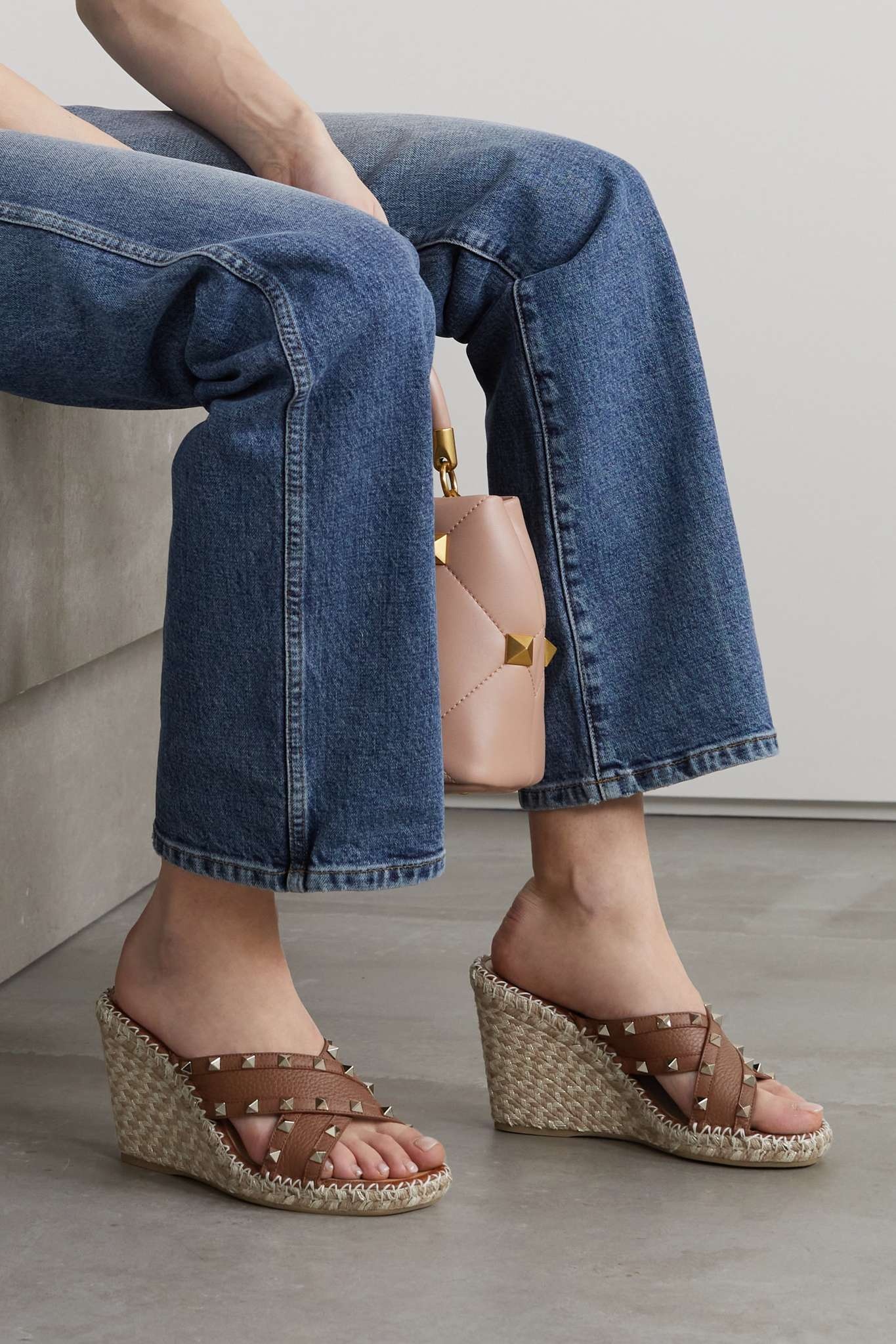 Valentino Garavani Rockstud textured-leather espadrille wedge mules - 2