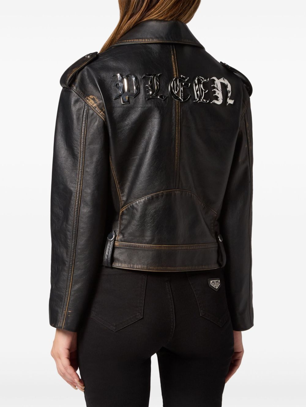 logo-lettering leather biker jacket - 2