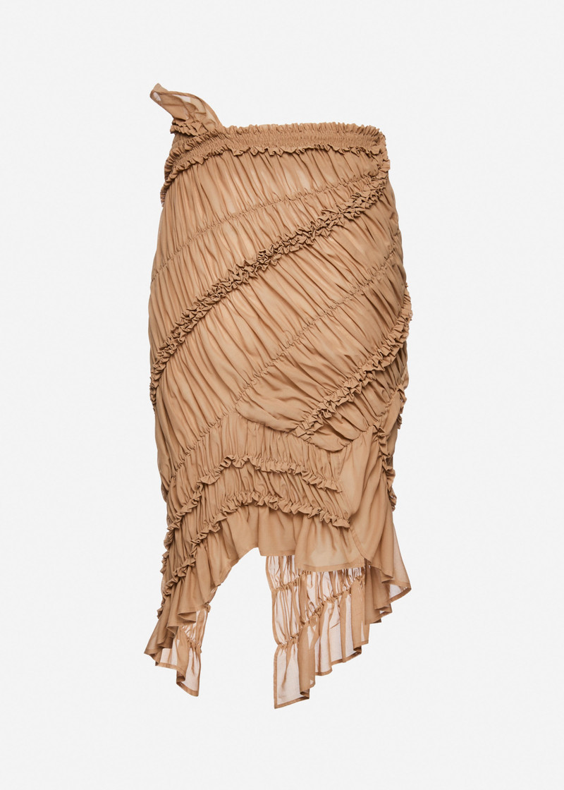 Asymmetric ruched midi skirt in nude 2