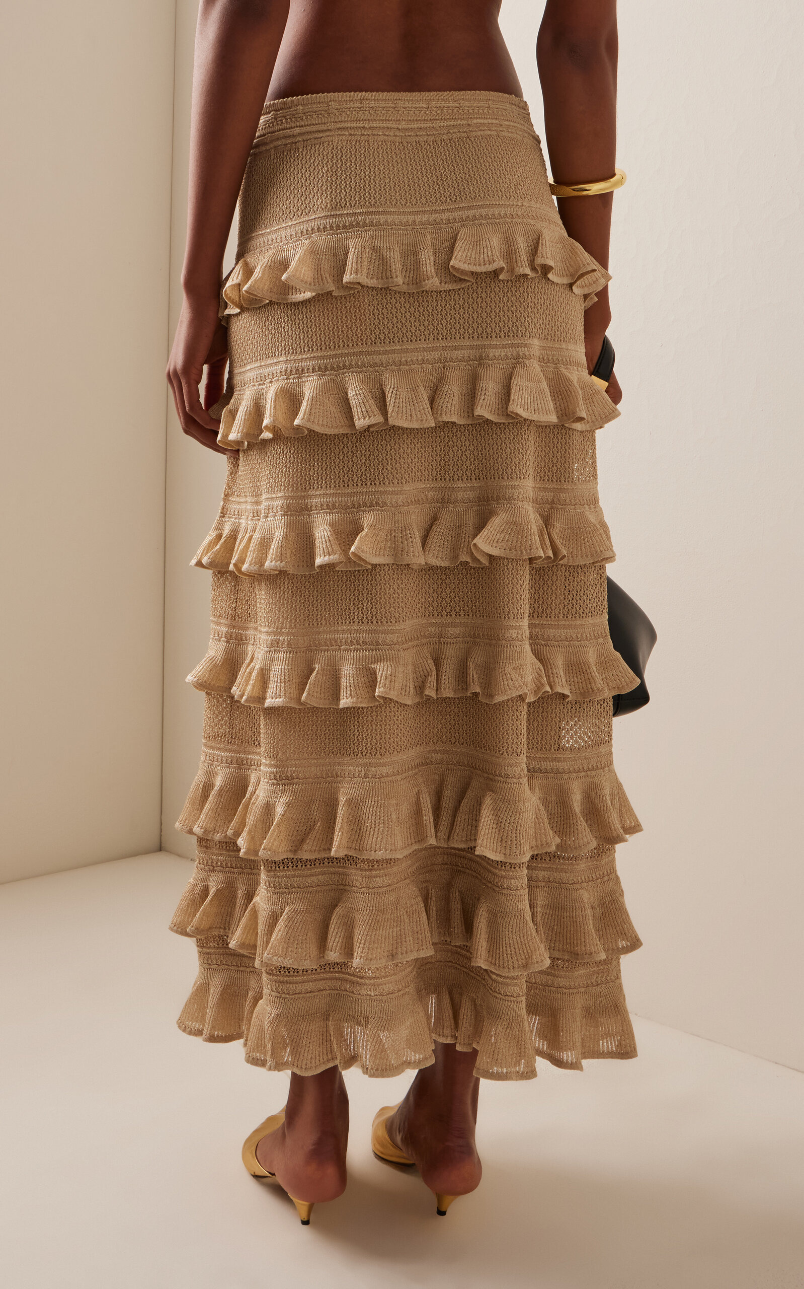 Hypnotic Ruffled Metallic Lace Midi Skirt gold - 4