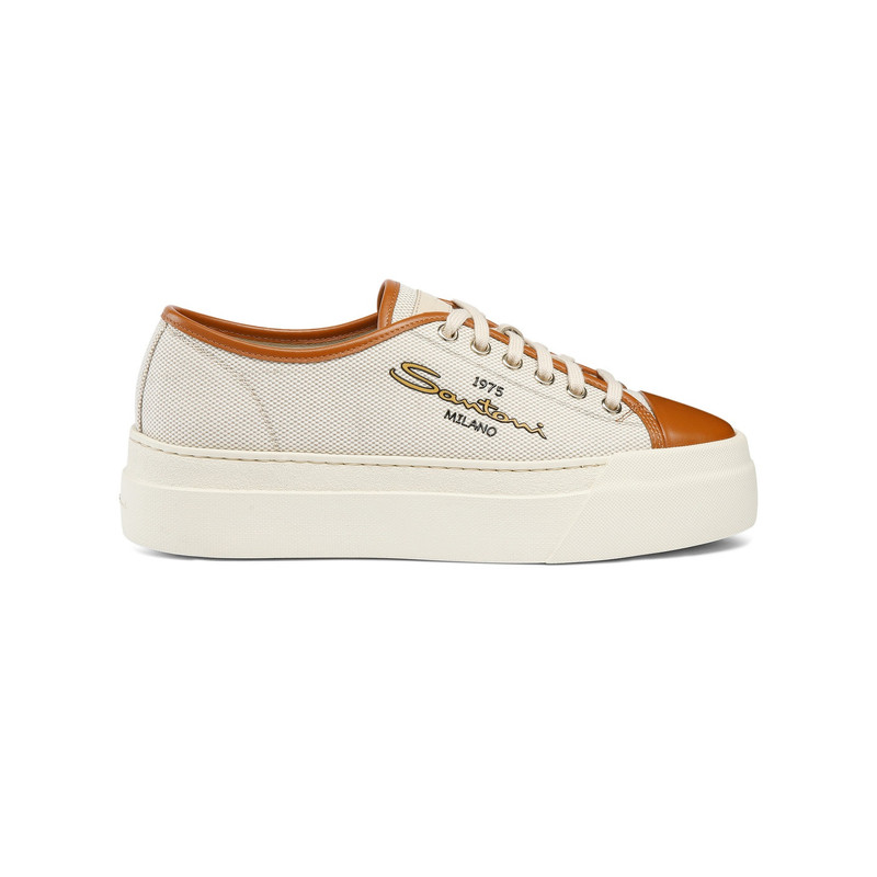 Women's brown canvas and leather platform sneaker 1