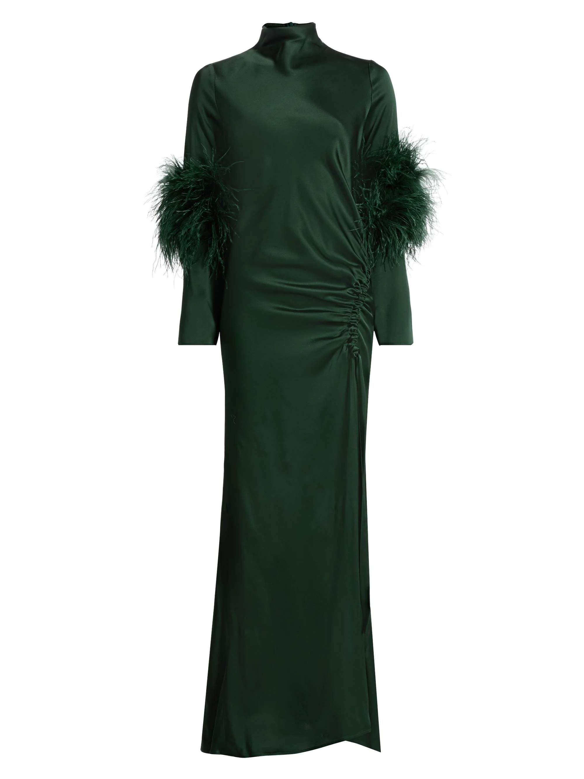 Women's Double-Faced Satin Feather-Trimmed Gown - Forest Green - 1