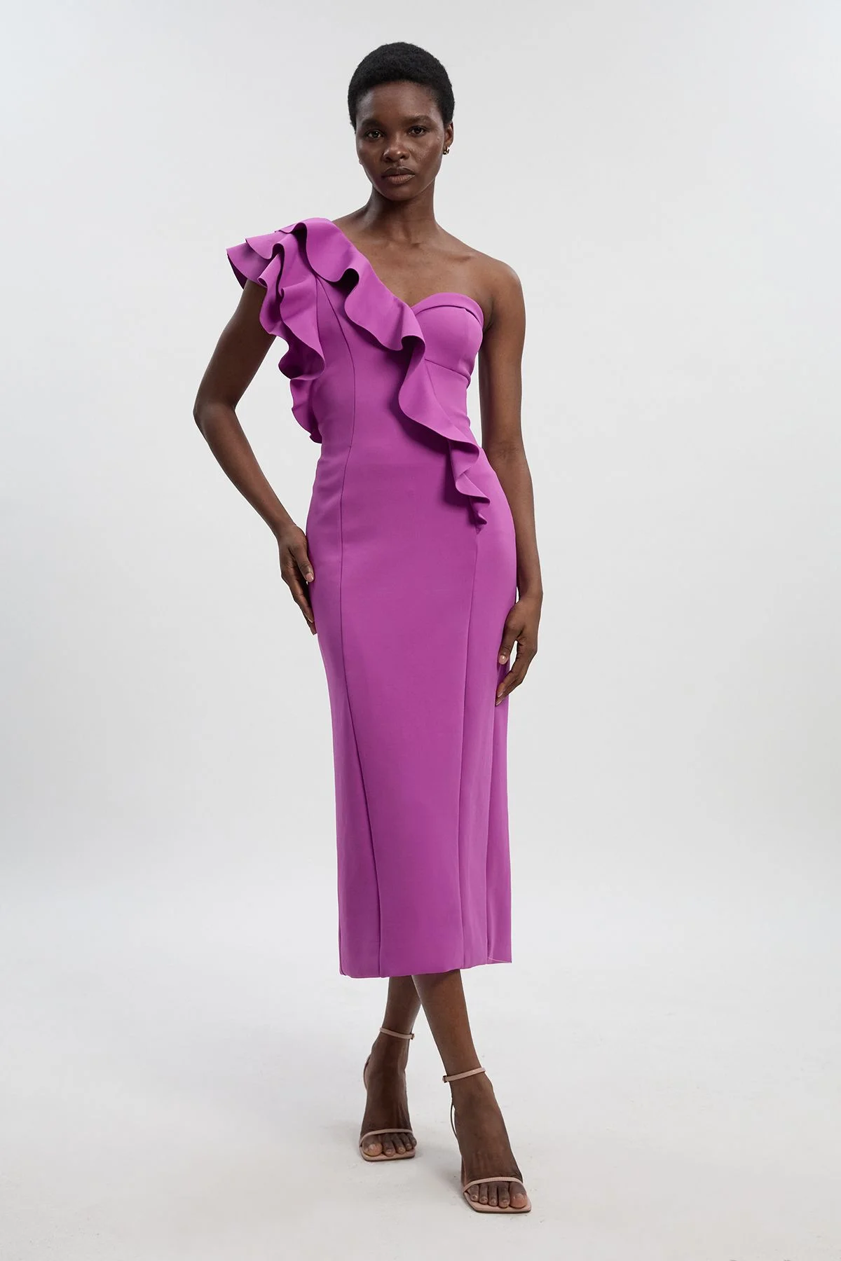 Scuba Draped Ruffle Woven Midi Dress - 1