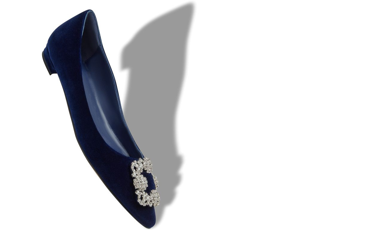 Navy Blue Velvet Jewel Buckle Flat Pumps - 2
