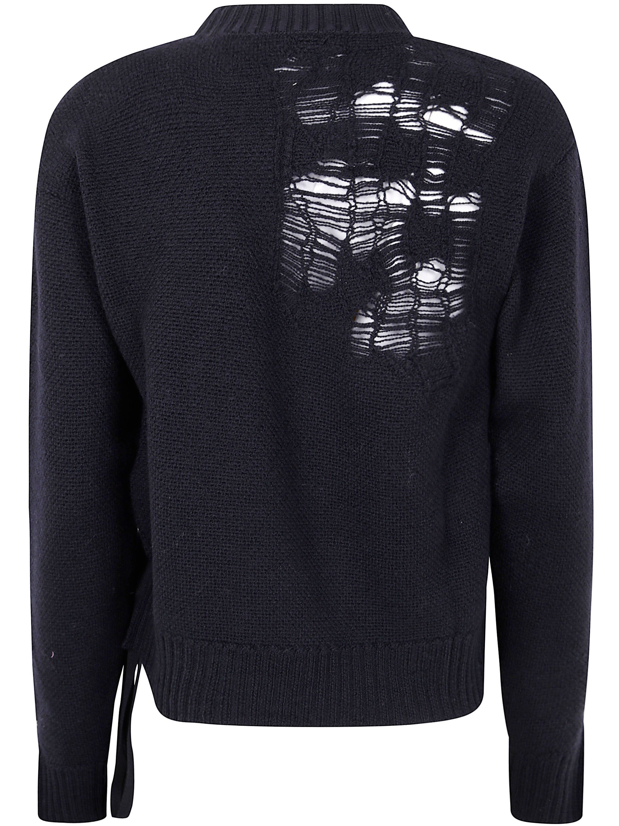 Ann Demeulemeester Women "Gabriela" Destroyed Seed Stitch Crew Neck Sweater With Drawstrings - 2