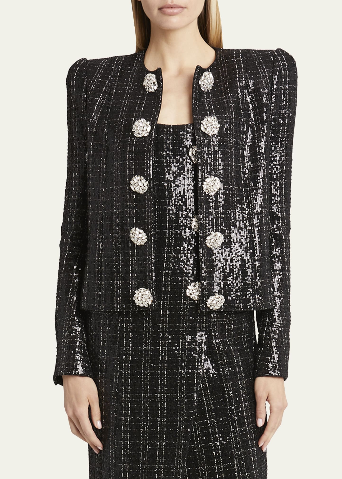 Collarless Sequined Tweed Jacket with Jewel Buttons - 4