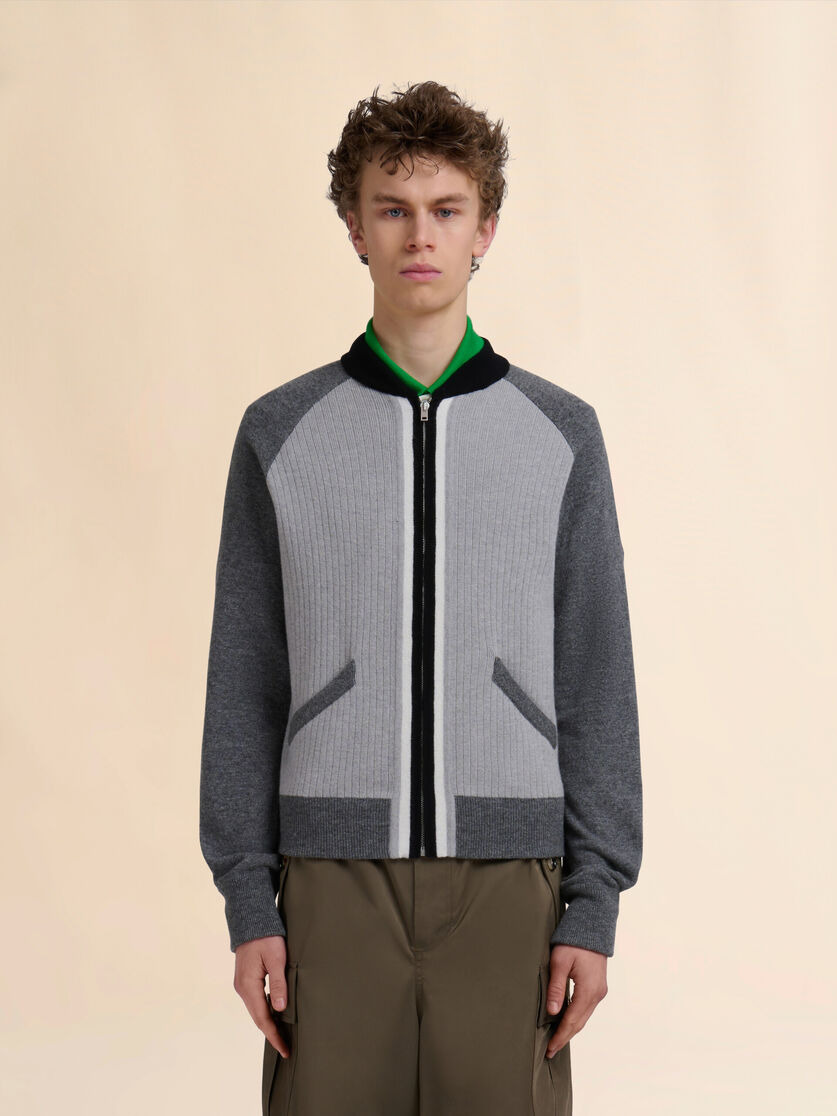 GRAY WOOL CARDIGAN WITH BOMBER NECK - 2