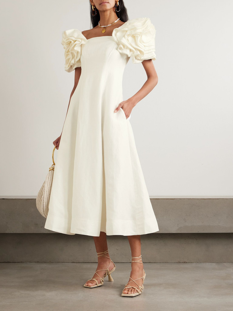 Aje. Twyla ruffled faux pearl-embellished crepe midi dress Ivory outlook