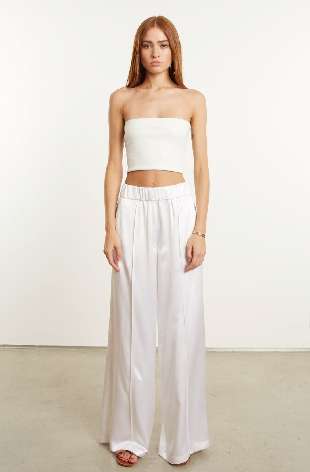 WHITE SILK WIDE LEG PINTUCK PANTS - 6