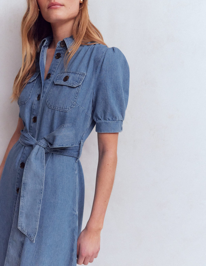 Puff Sleeve Denim Shirt Dress-Mid Vintage 3