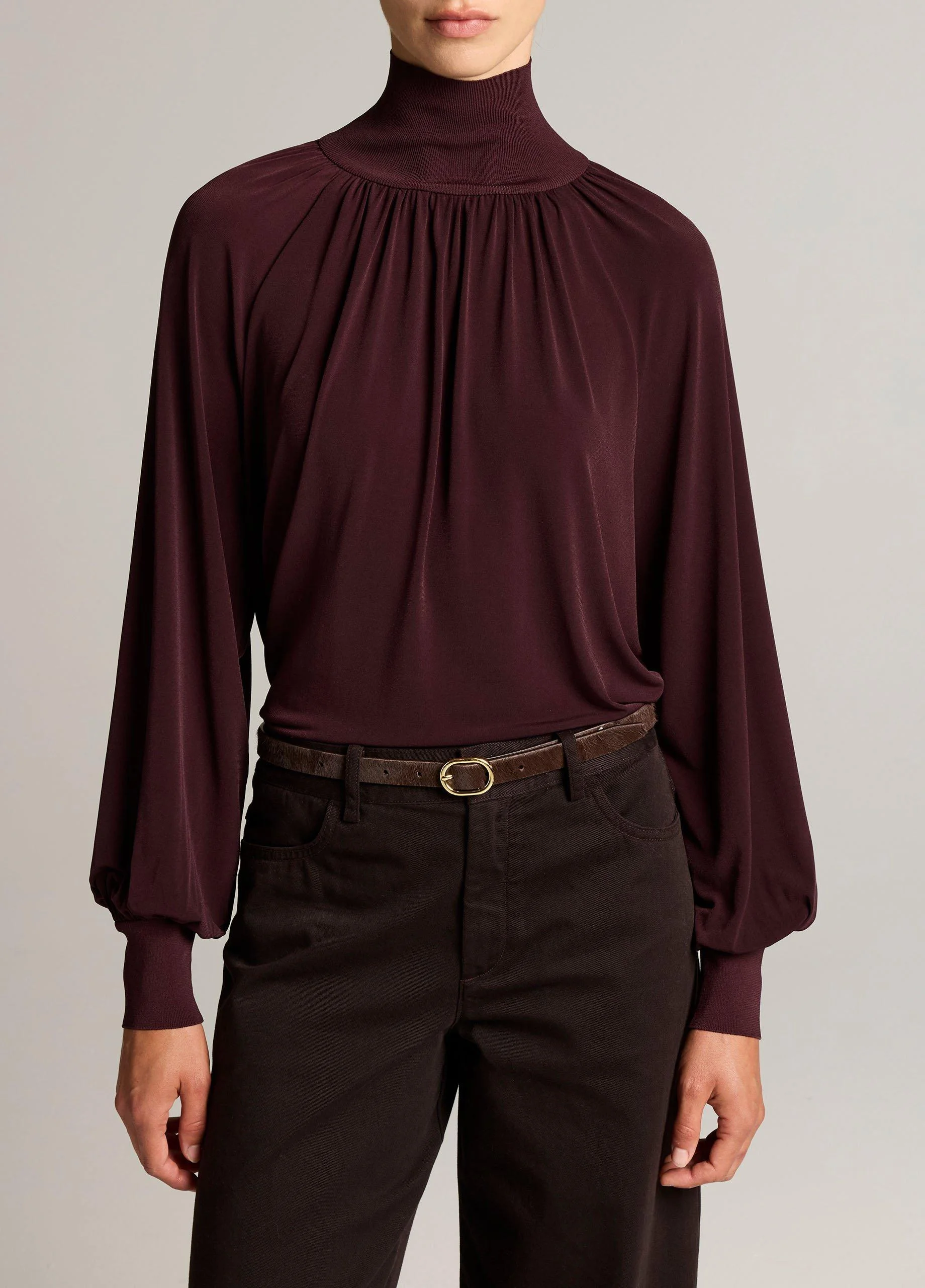 Rib-Trim Gathered Long-Sleeve Turtleneck Top - 1