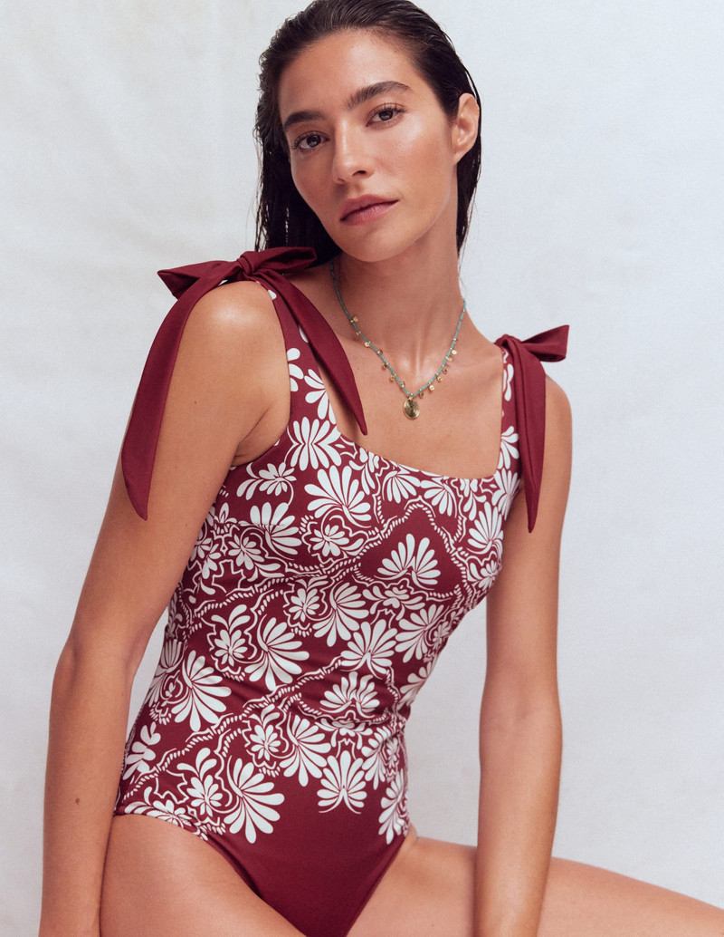Bow Tie Shoulder Swimsuit-Maroon, Botanical Charm - 1