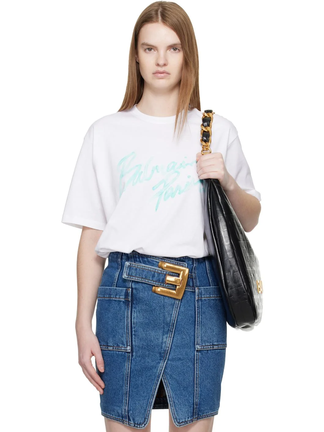 White Boxy 'Balmain Paris' Brush Print T-shirt - 1