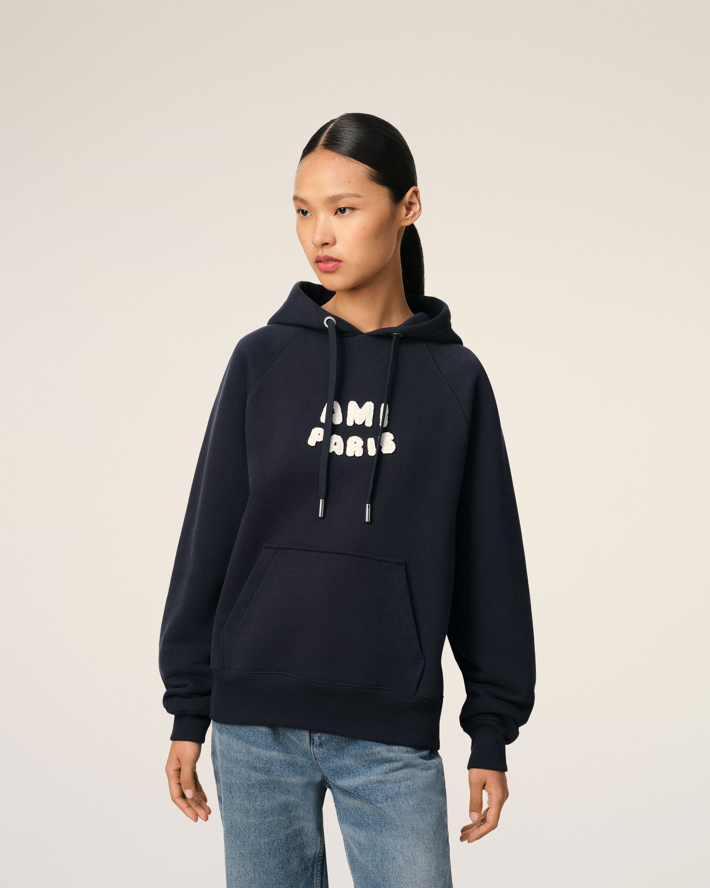 NAVY COTTON HOODIE WITH AMI PARIS PATCH - 3