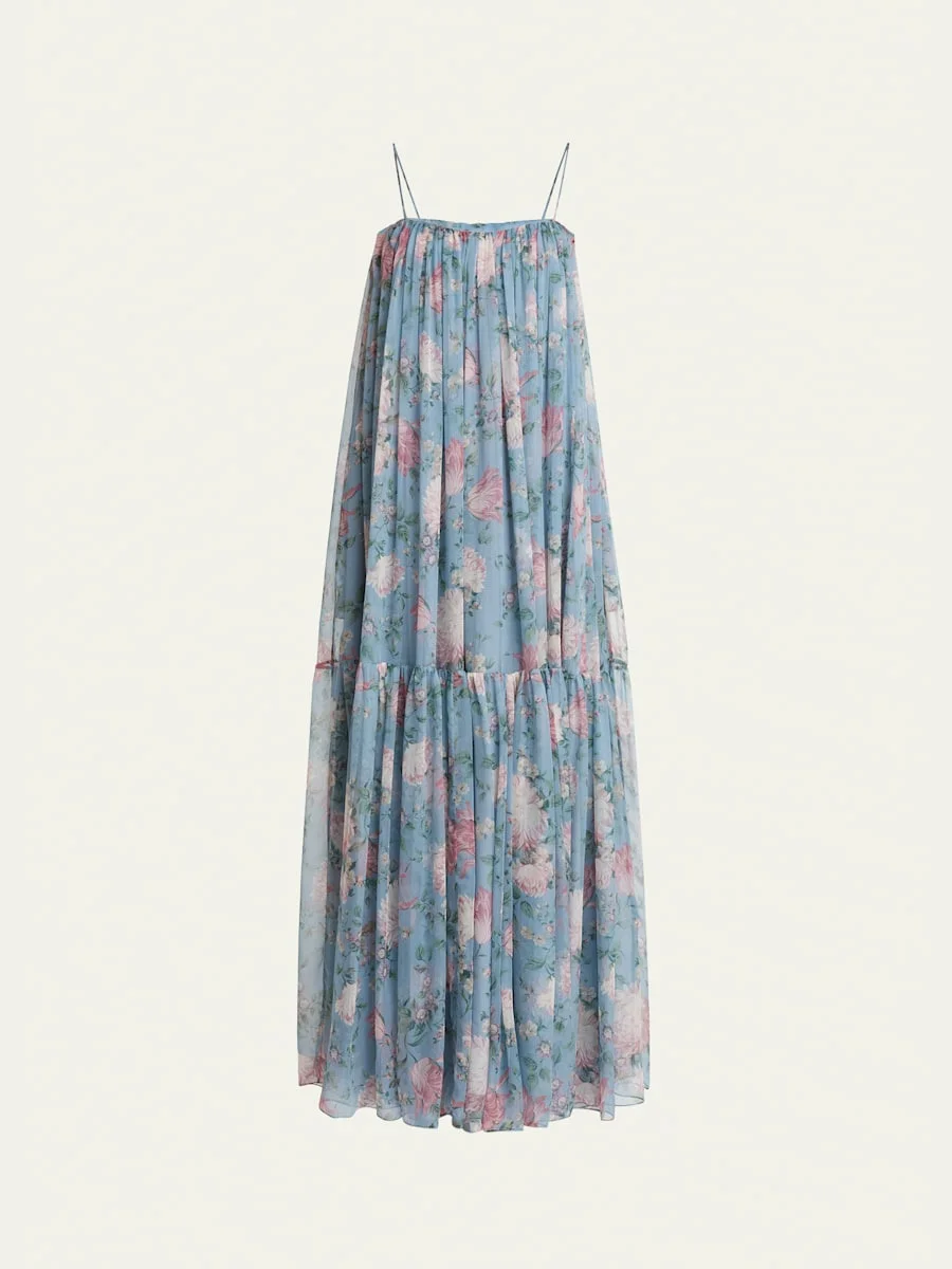 Long Floral Print Tiered Silk Dress - 1