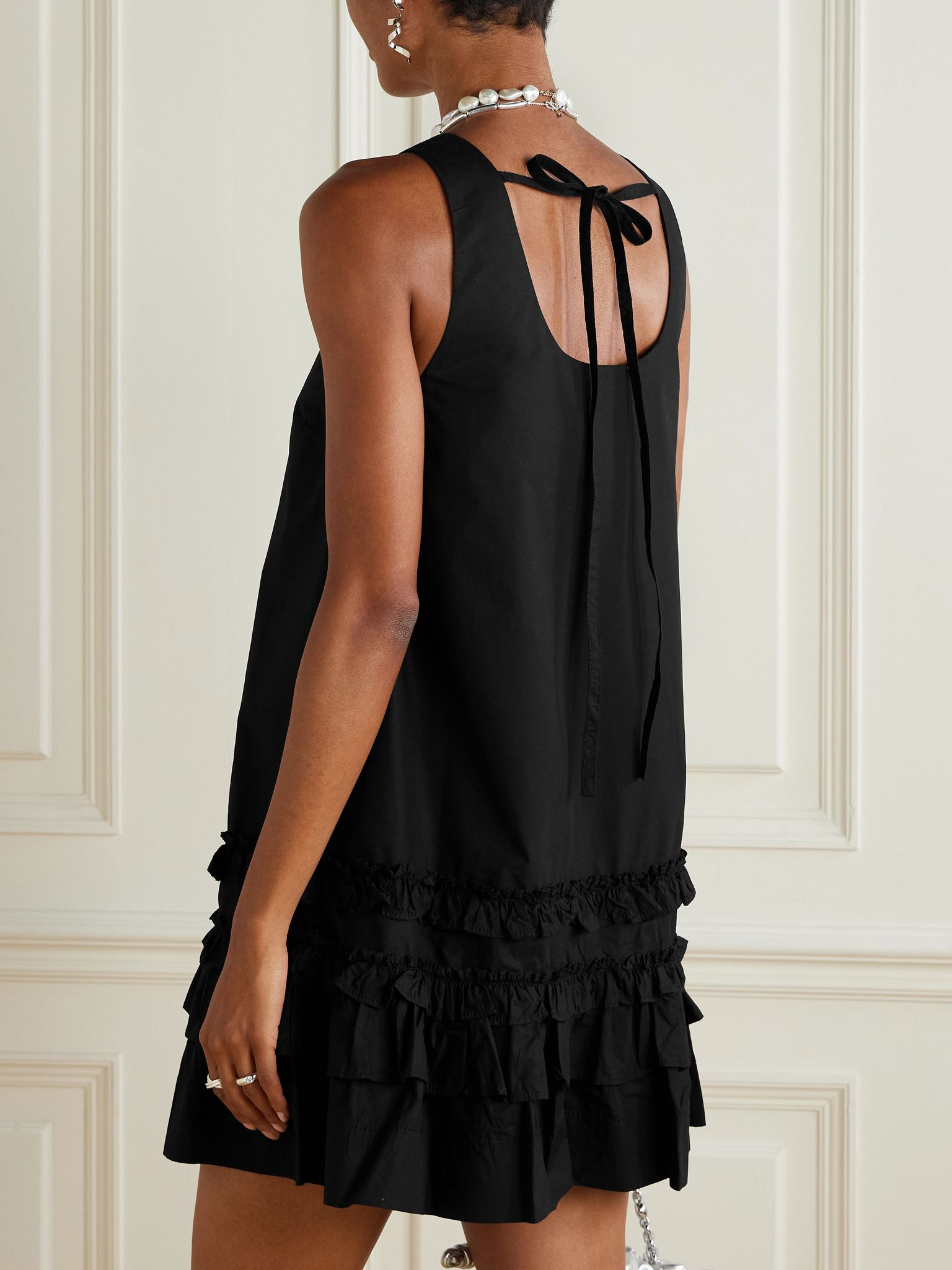Ruffled organic cotton-poplin mini dress Black - 3