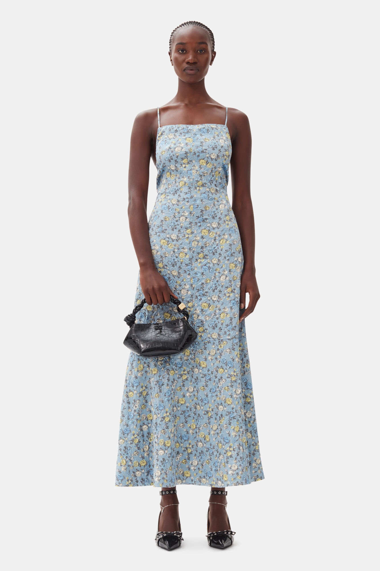 BLUE FLORAL CRINKLED SATIN LONG DRESS - 2