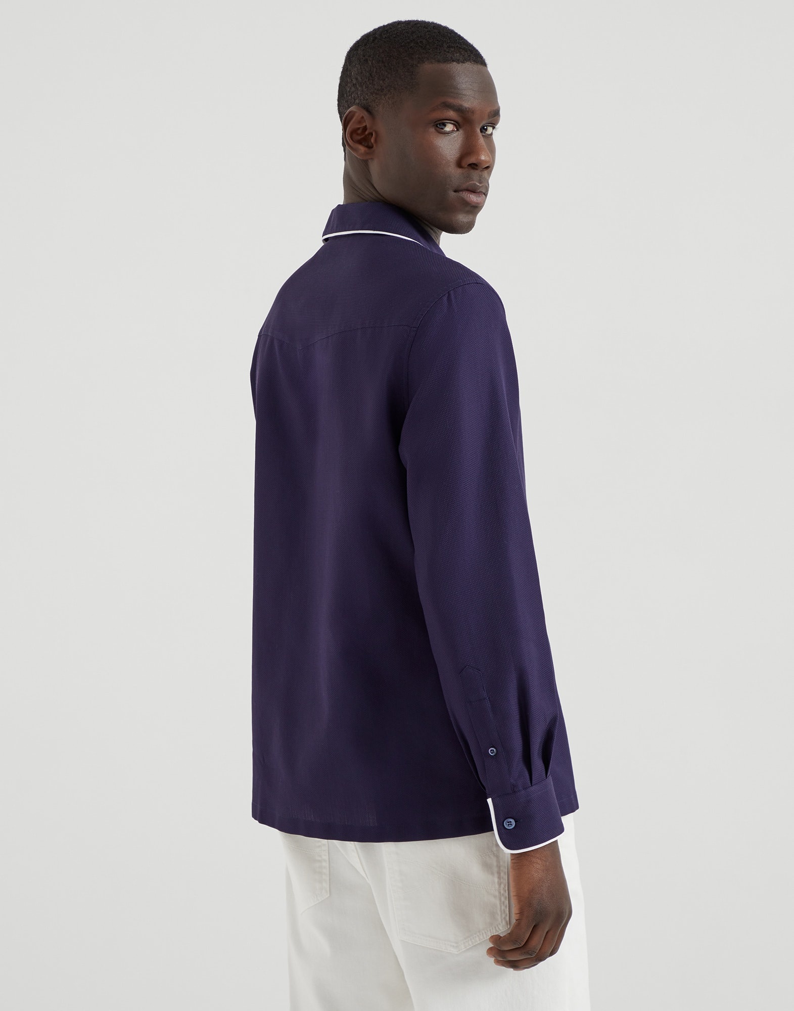 Honeycomb texture cotton easy fit shirt with camp collar and piping - 2