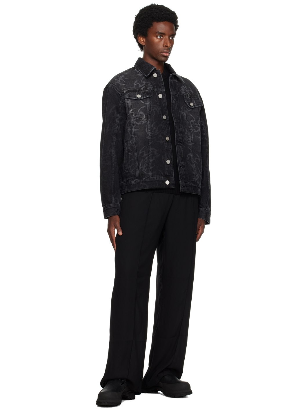 Black Printed Denim Jacket - 4