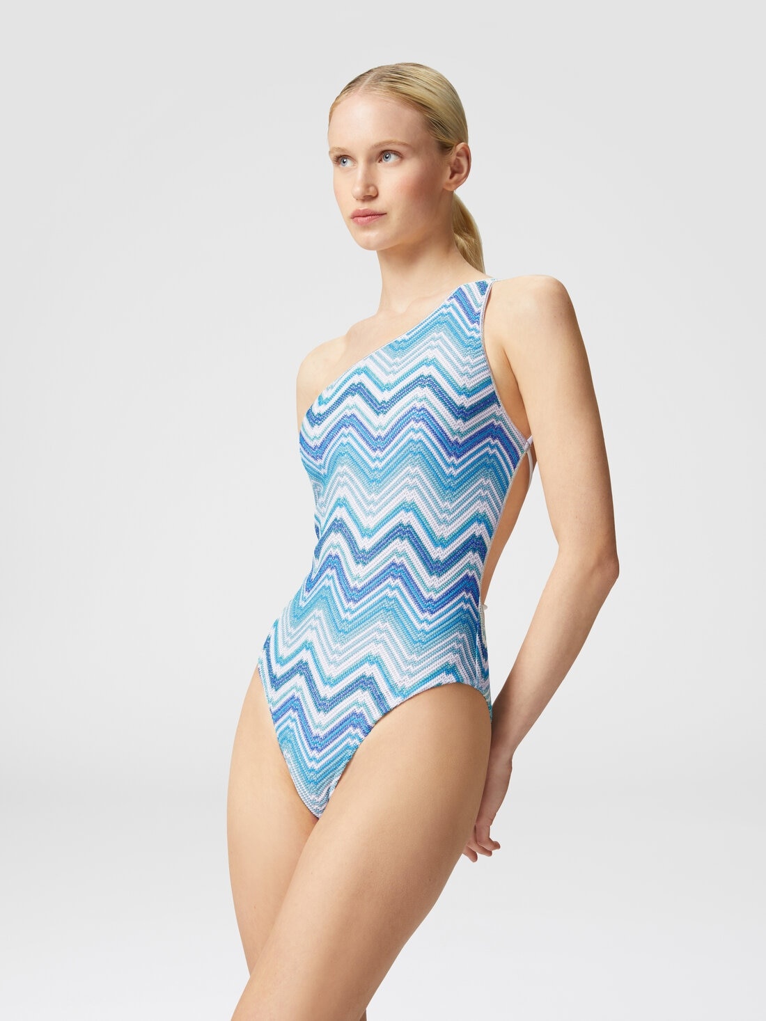 One-shoulder one-piece swimming costume in chevron crochet with lurex - 3