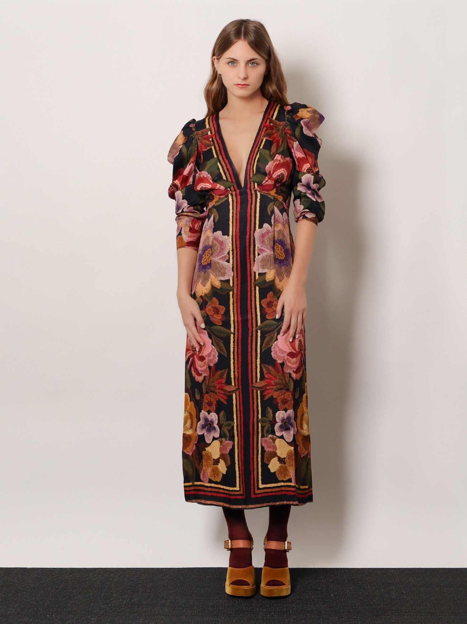 Viscose Long Dress With Chenille Flowers Print - 2
