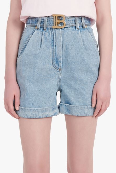 Light blue eco-designed denim high-waisted shorts with Balmain buckle - 5